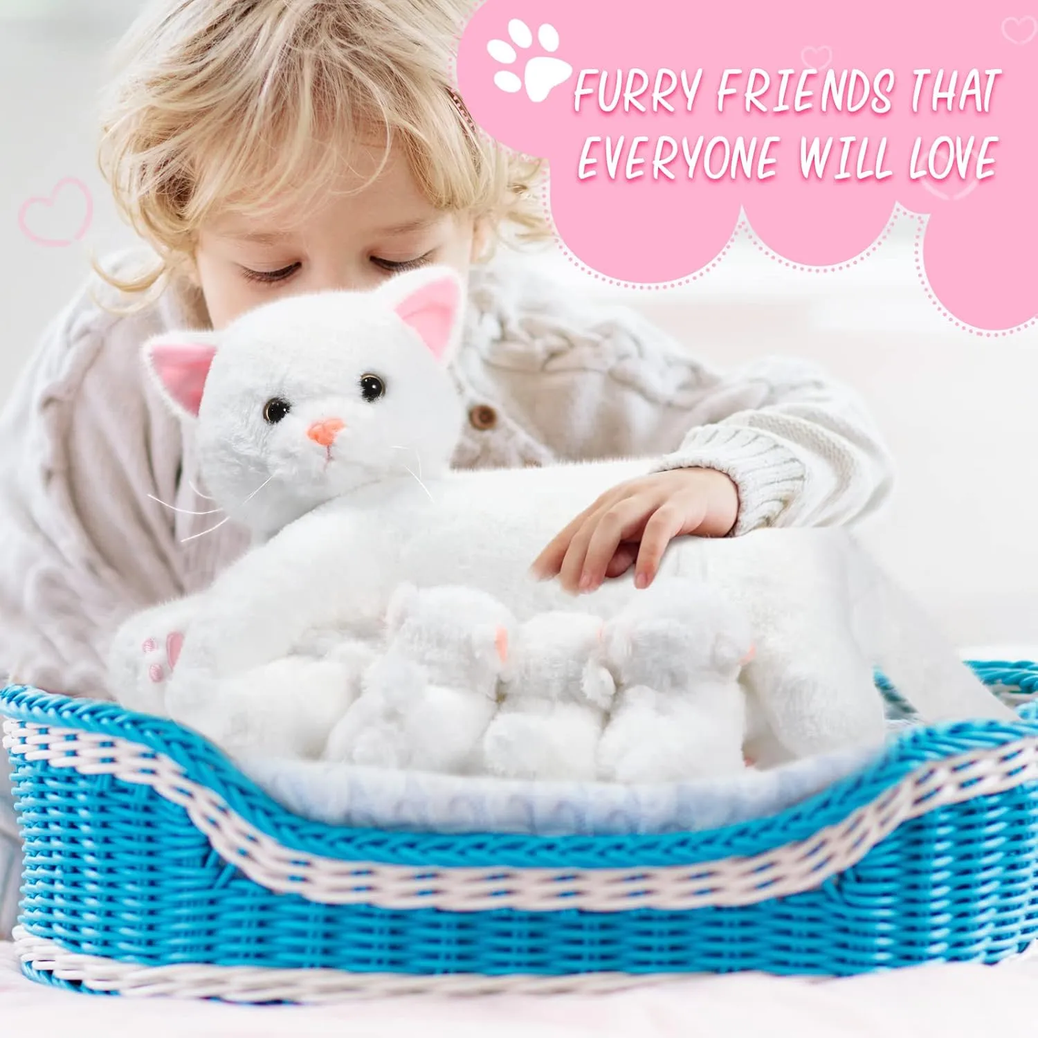 Skylety Nurturing Cat Stuffed Animal with 4 Plush Kittens, Cat Baby Stuffed for Girls and Boys Plushy Mommy Kitty with Baby Kittens for Birthday Party Favors Gifts(Warm Style)