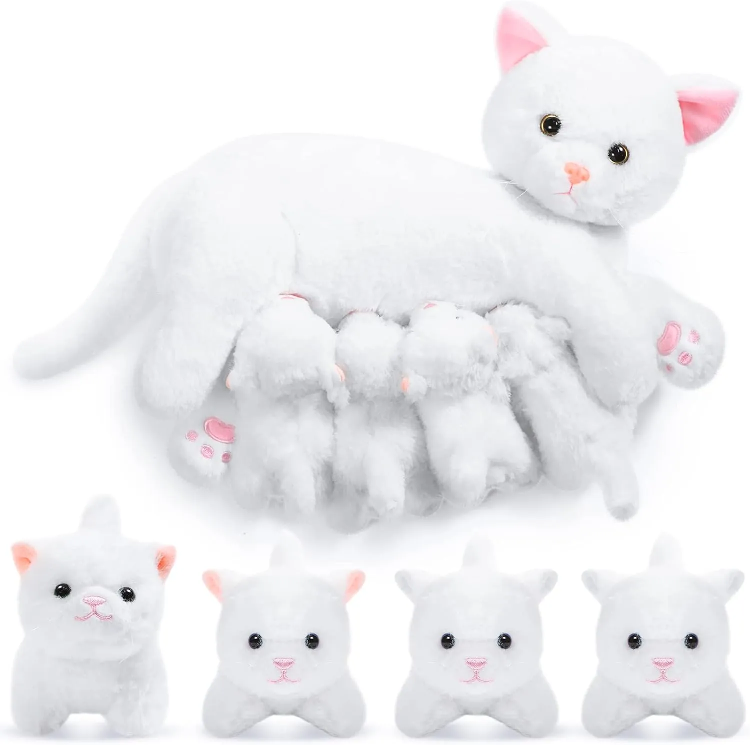 Skylety Nurturing Cat Stuffed Animal with 4 Plush Kittens, Cat Baby Stuffed for Girls and Boys Plushy Mommy Kitty with Baby Kittens for Birthday Party Favors Gifts(Warm Style)