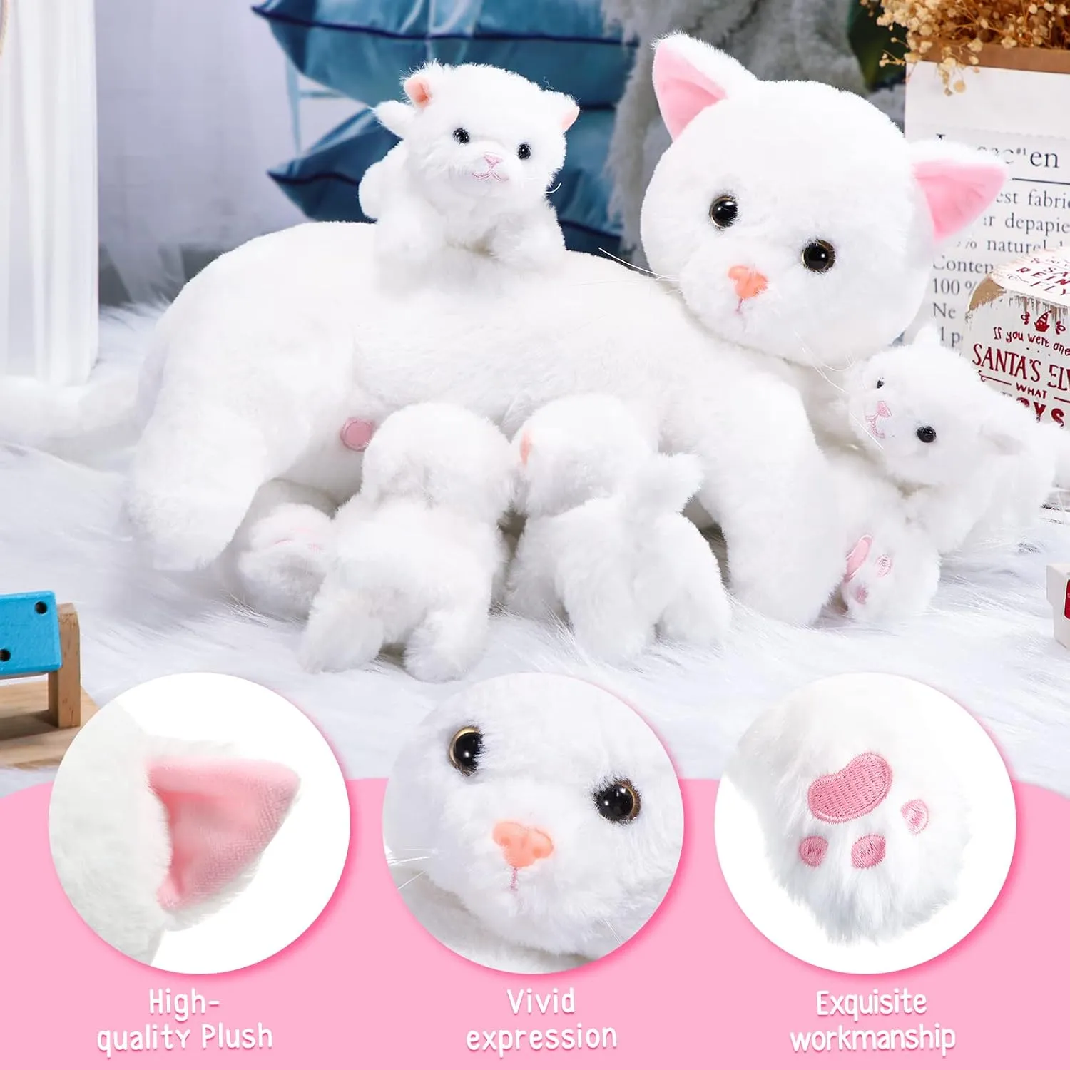 Skylety Nurturing Cat Stuffed Animal with 4 Plush Kittens, Cat Baby Stuffed for Girls and Boys Plushy Mommy Kitty with Baby Kittens for Birthday Party Favors Gifts(Warm Style)