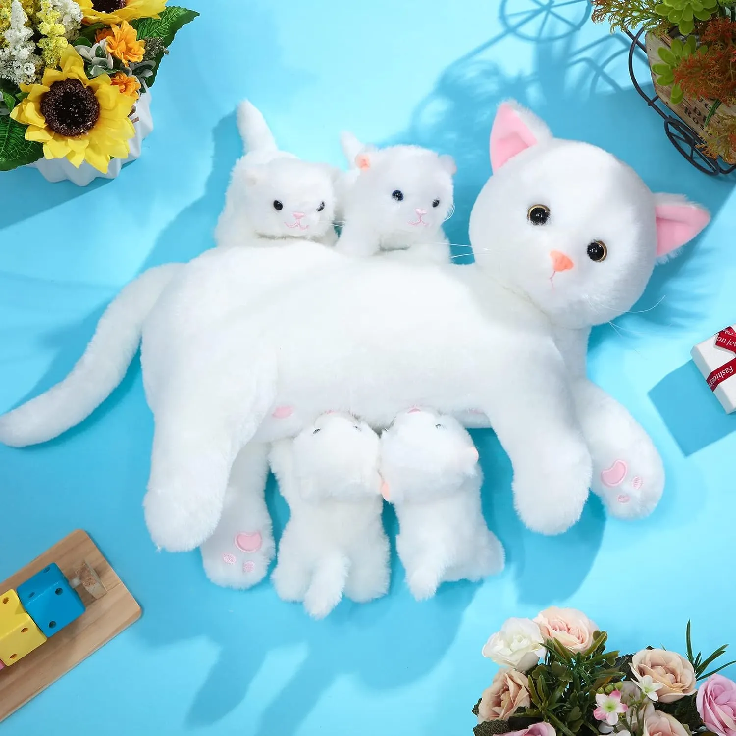 Skylety Nurturing Cat Stuffed Animal with 4 Plush Kittens, Cat Baby Stuffed for Girls and Boys Plushy Mommy Kitty with Baby Kittens for Birthday Party Favors Gifts(Warm Style)