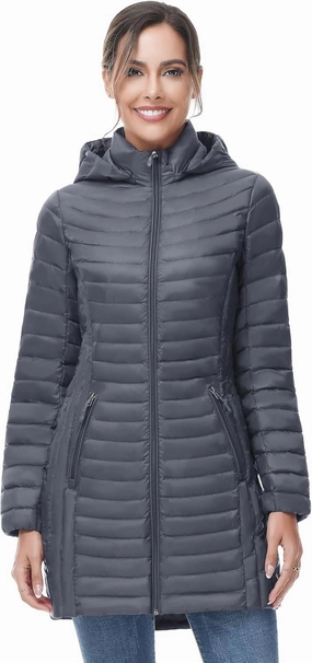 SLOW DOWN Women Ultra Light Down Jacket Packable Puffer Jacket Coat Hooded Mid Length Winter Outwear