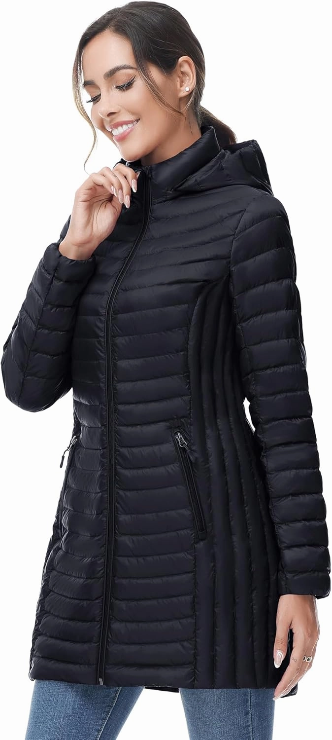 SLOW DOWN Women Ultra Light Down Jacket Packable Puffer Jacket Coat Hooded Mid Length Winter Outwear