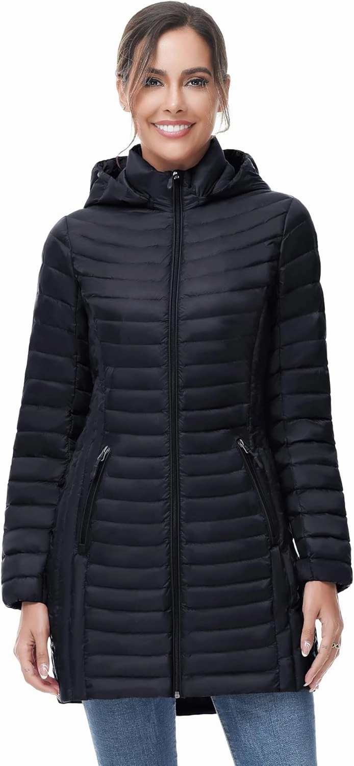 SLOW DOWN Women Ultra Light Down Jacket Packable Puffer Jacket Coat Hooded Mid Length Winter Outwear