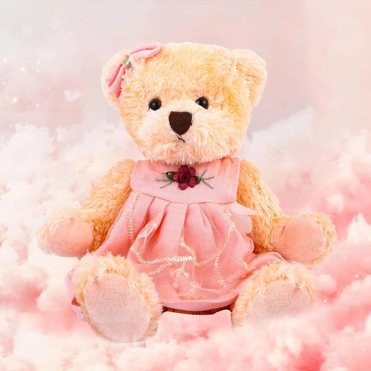 Small Teddy Bear Stuffed Animal in a Dress, Cute Soft Plush Toy, Cuddly Gift for Babies, Boys, Girls on Christmas or Valentine's Day (10 inches, Pink Orange Dress)