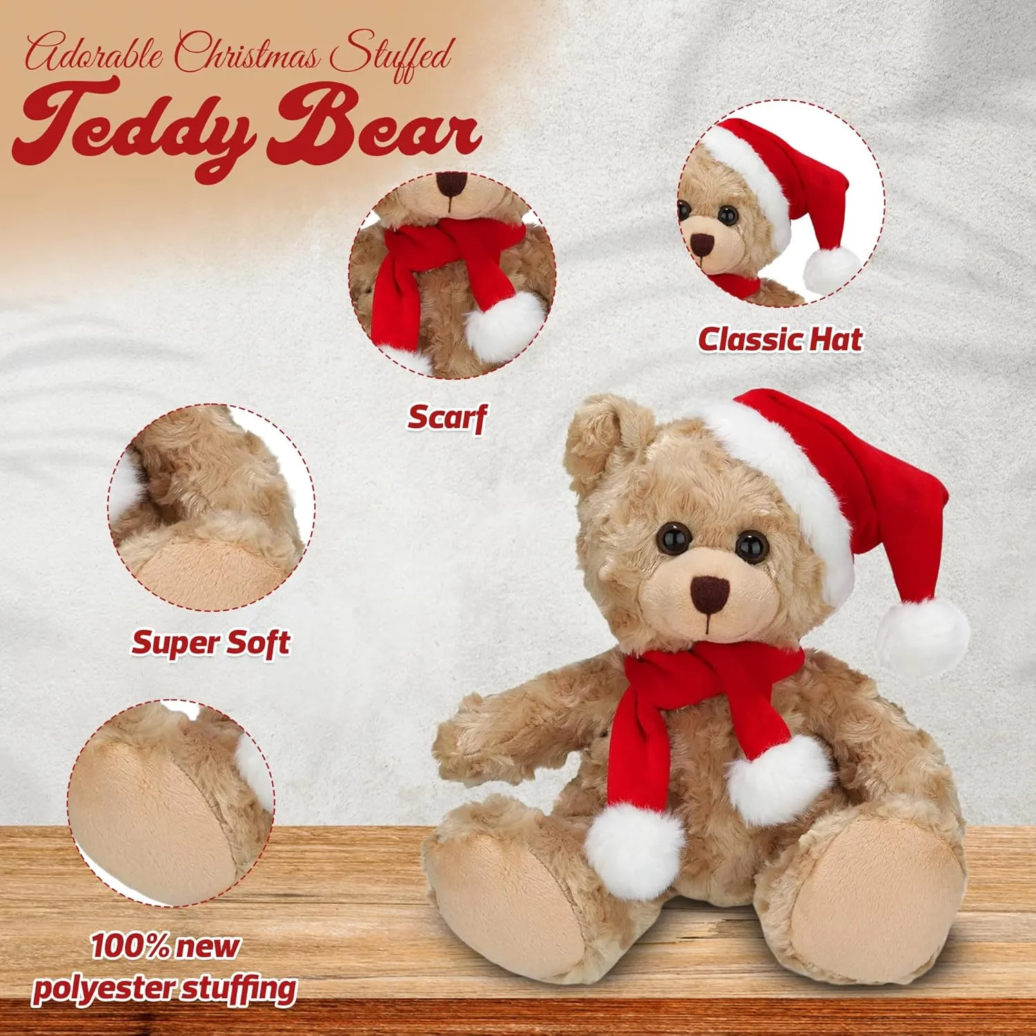 Soft and Hairy Xmas Santa Teddy Bear with Hat & Scarf– Adorable Christmas Stuffed Teddy Bear Animal – Perfect Holiday Toy Gift for Kids & Seniors (Beige, 11 inch)