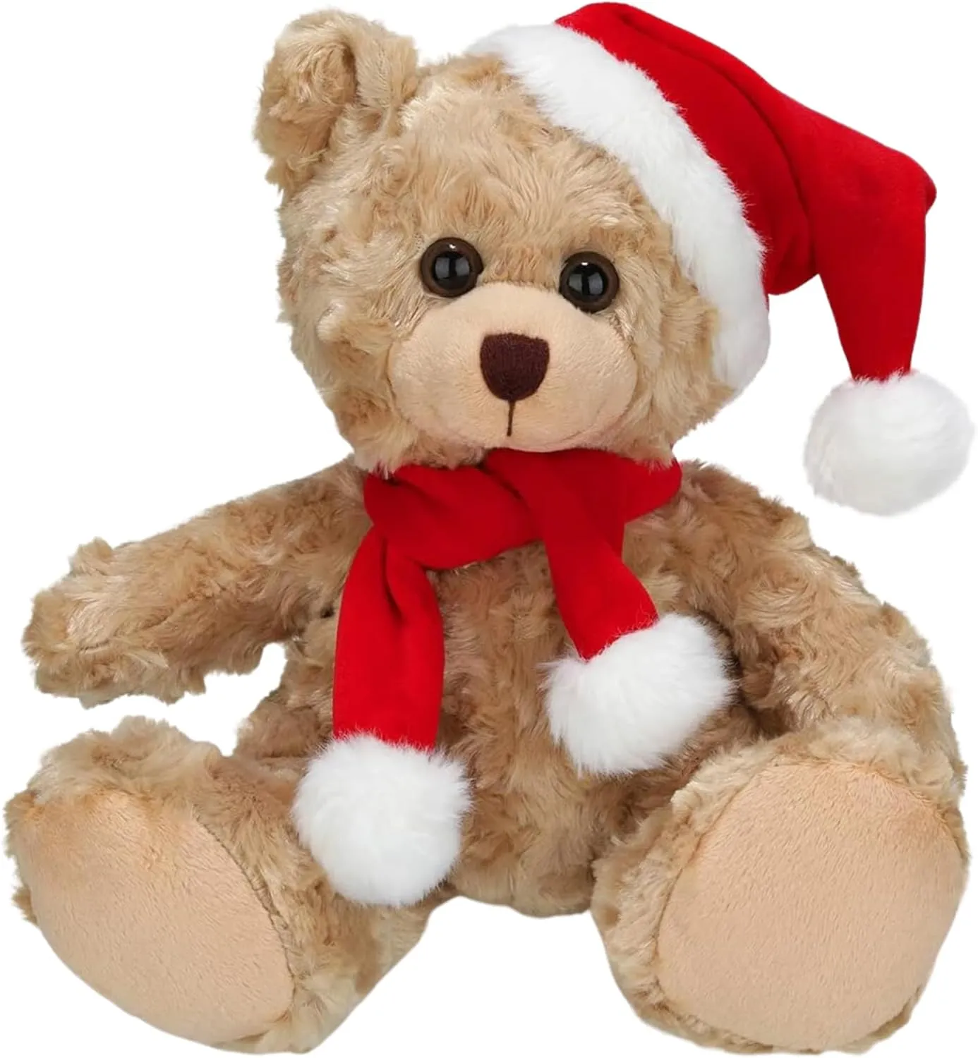 Soft and Hairy Xmas Santa Teddy Bear with Hat & Scarf– Adorable Christmas Stuffed Teddy Bear Animal – Perfect Holiday Toy Gift for Kids & Seniors (Beige, 11 inch)