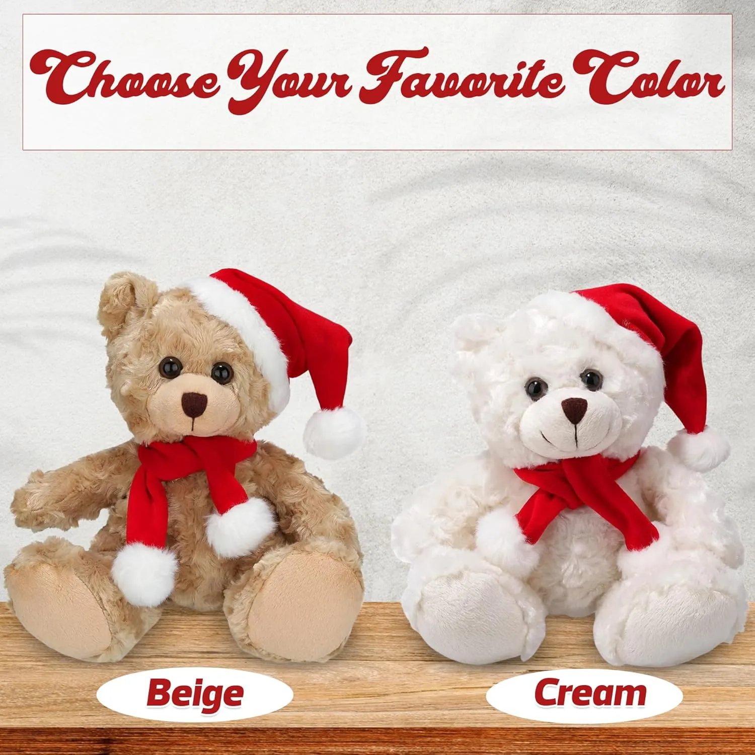 Soft and Hairy Xmas Santa Teddy Bear with Hat & Scarf– Adorable Christmas Stuffed Teddy Bear Animal – Perfect Holiday Toy Gift for Kids & Seniors (Beige, 11 inch)