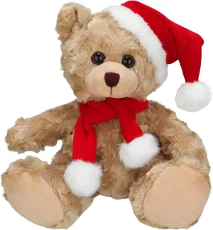 Soft and Hairy Xmas Santa Teddy Bear with Hat & Scarf– Adorable Christmas Stuffed Teddy Bear Animal – Perfect Holiday Toy Gift for Kids & Seniors (Beige, 11 inch)
