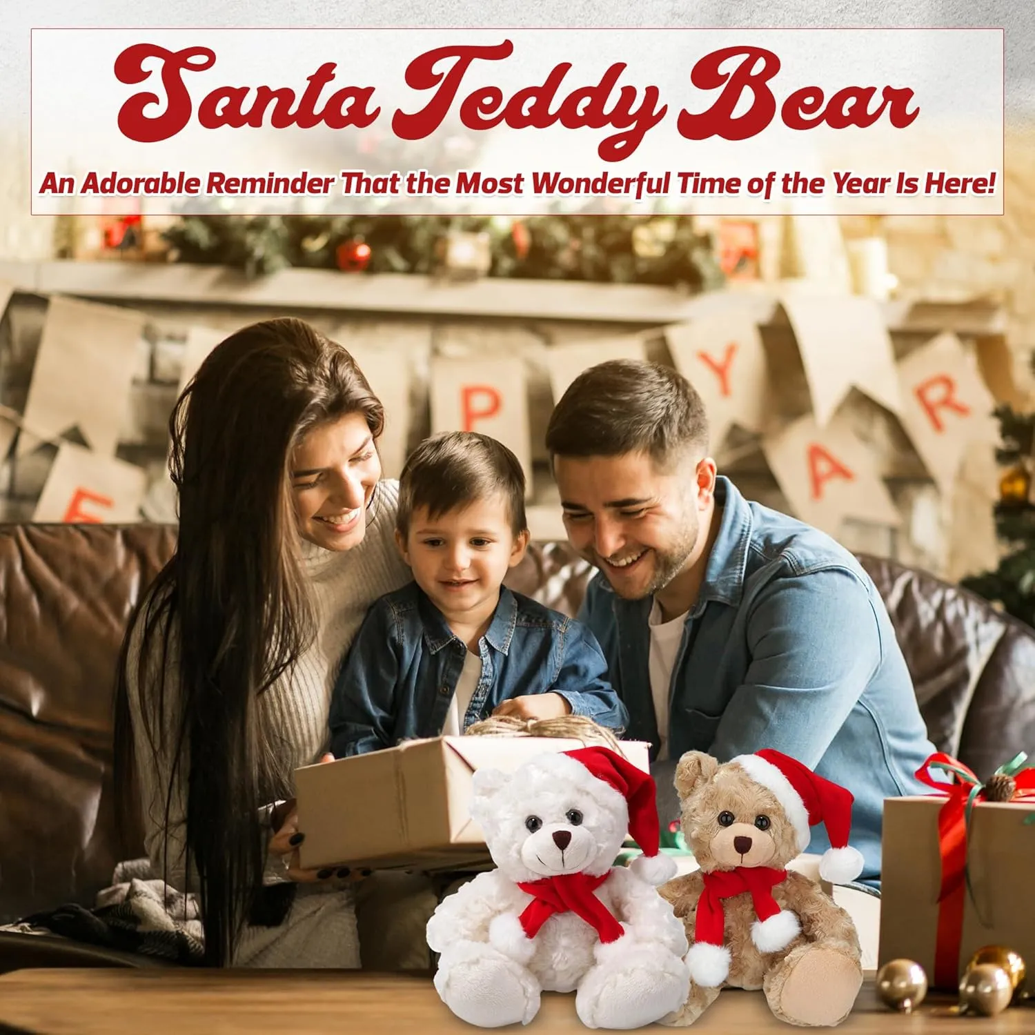Soft and Hairy Xmas Santa Teddy Bear with Hat & Scarf– Adorable Christmas Stuffed Teddy Bear Animal – Perfect Holiday Toy Gift for Kids & Seniors (Beige, 11 inch)