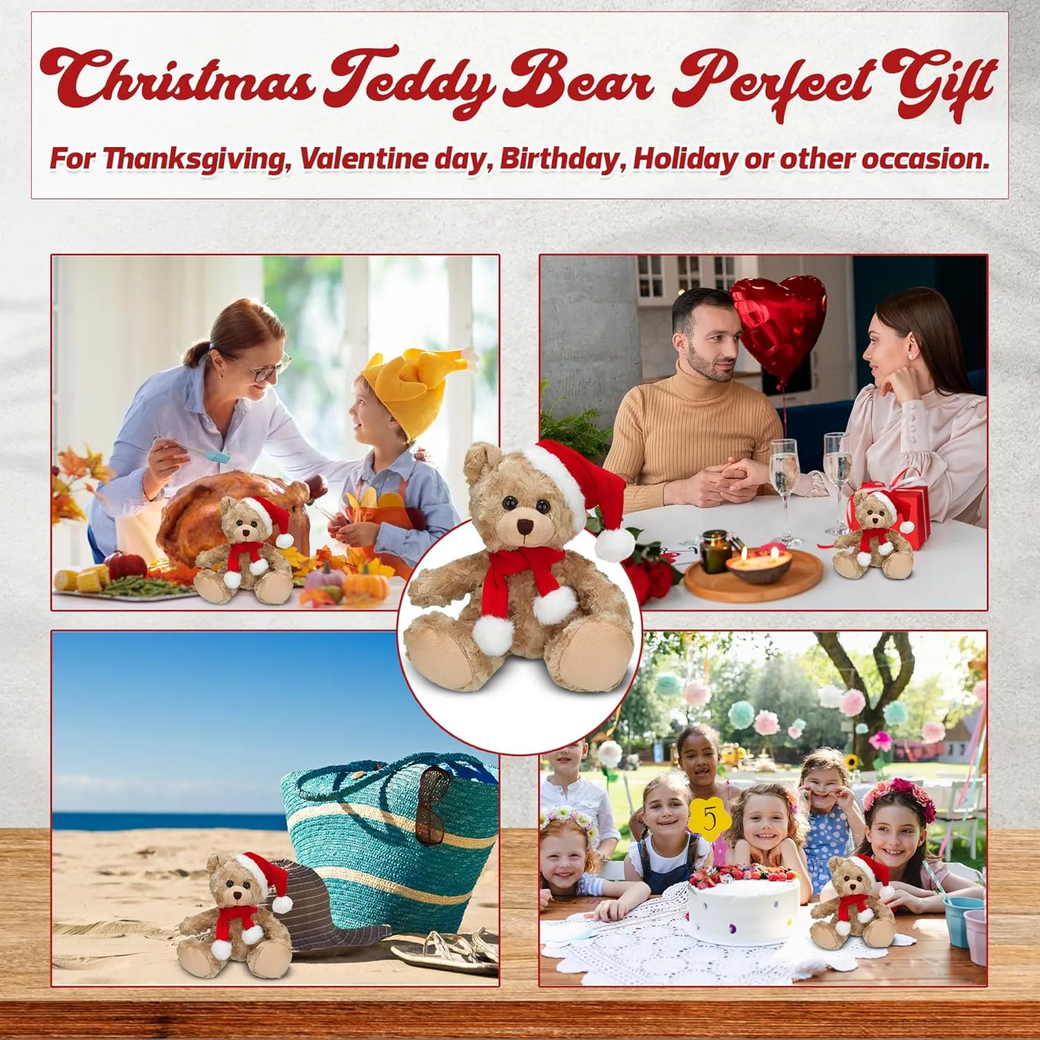 Soft and Hairy Xmas Santa Teddy Bear with Hat & Scarf– Adorable Christmas Stuffed Teddy Bear Animal – Perfect Holiday Toy Gift for Kids & Seniors (Beige, 11 inch)