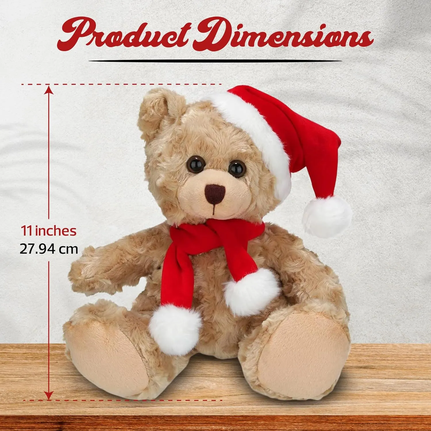 Soft and Hairy Xmas Santa Teddy Bear with Hat & Scarf– Adorable Christmas Stuffed Teddy Bear Animal – Perfect Holiday Toy Gift for Kids & Seniors (Beige, 11 inch)