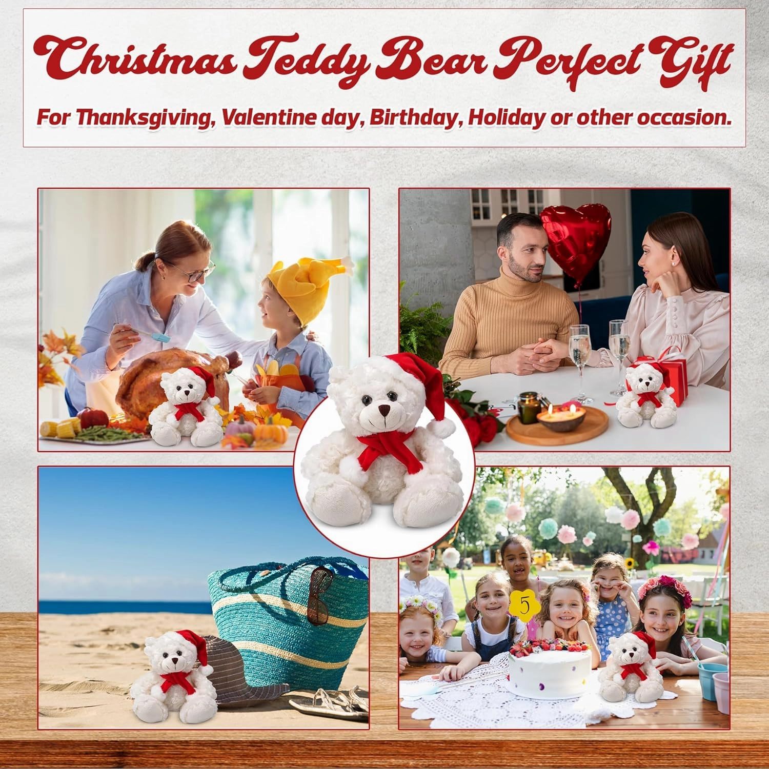 Soft and Hairy Xmas Santa Teddy Bear with Hat & Scarf– Adorable Christmas Stuffed Teddy Bear Animal – Perfect Holiday Toy Gift for Kids & Seniors (Cream, 11 inch)