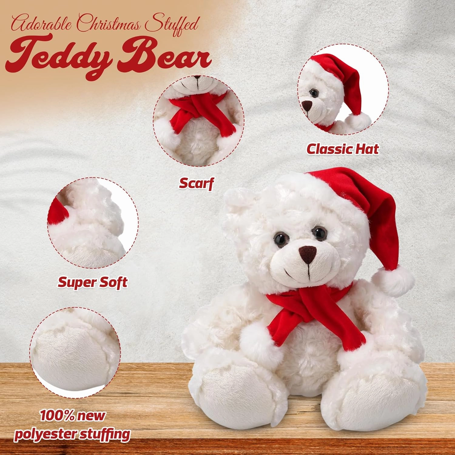 Soft and Hairy Xmas Santa Teddy Bear with Hat & Scarf– Adorable Christmas Stuffed Teddy Bear Animal – Perfect Holiday Toy Gift for Kids & Seniors (Cream, 11 inch)