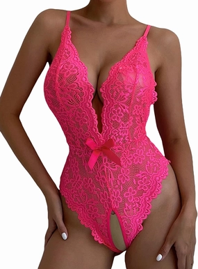 SOLY HUX Women's Floral Lace Scalloped Trim Criss Cross Back Lingerie Teddy Bodysuit