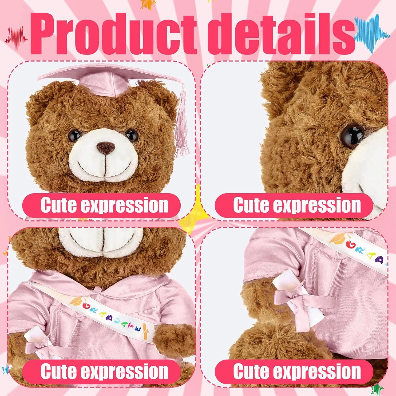Sotiff 2 Pcs Graduation Plush Bear Class of 2025 Graduation Plush Stuffed Animal Toys Grad Bear with Gown Cap for Kindergarten Elementary School College Grad Gift(12 Inch,Pink)