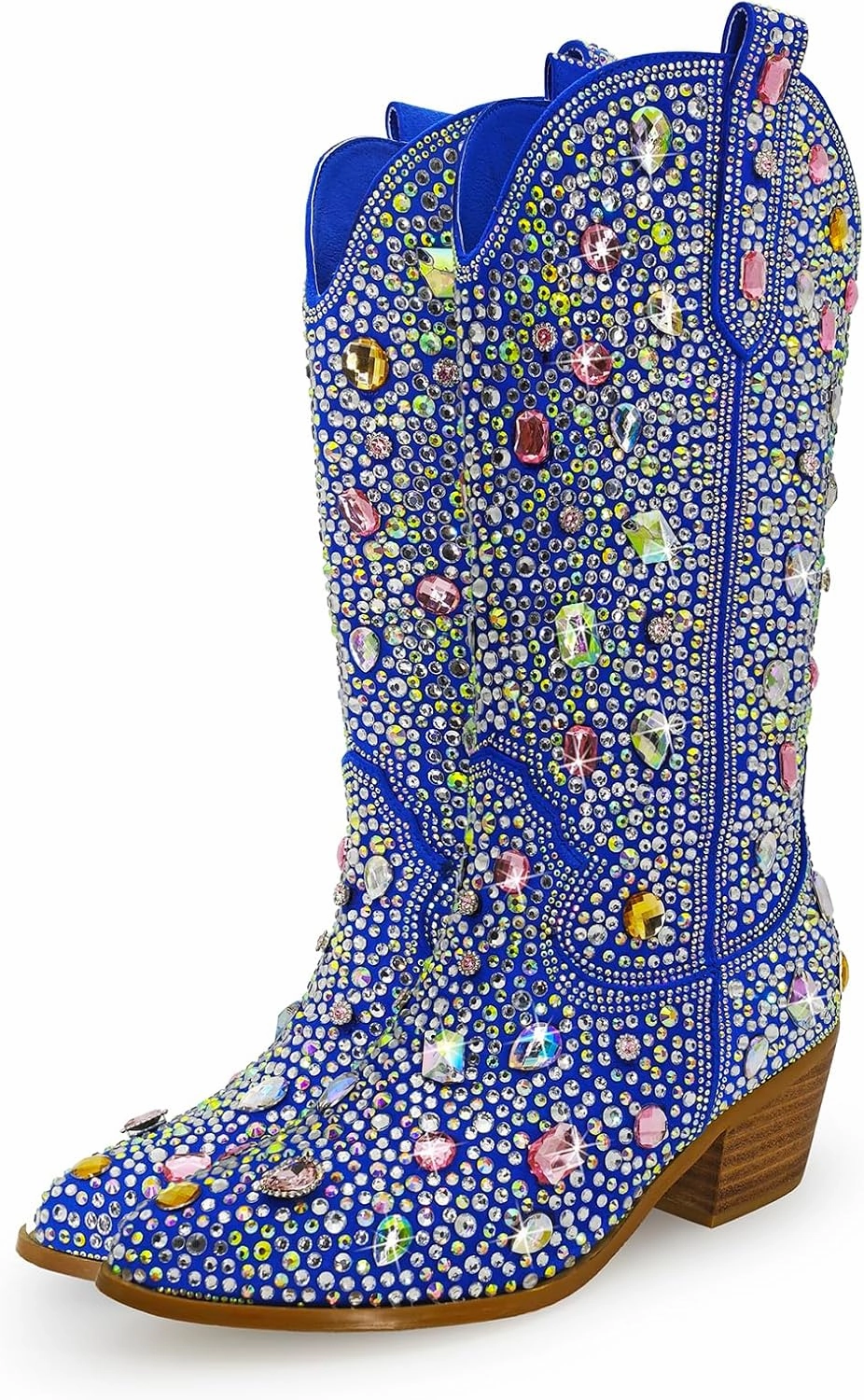 Sparkle Rhinestone Cowboy Boots for Women Mid Calf Western Wide Calf Short Cowgirl Boots Fashion Pointed Toe Glitter Bling Pull on Zipper Chunky Boots Retro Classic Wedding Party
