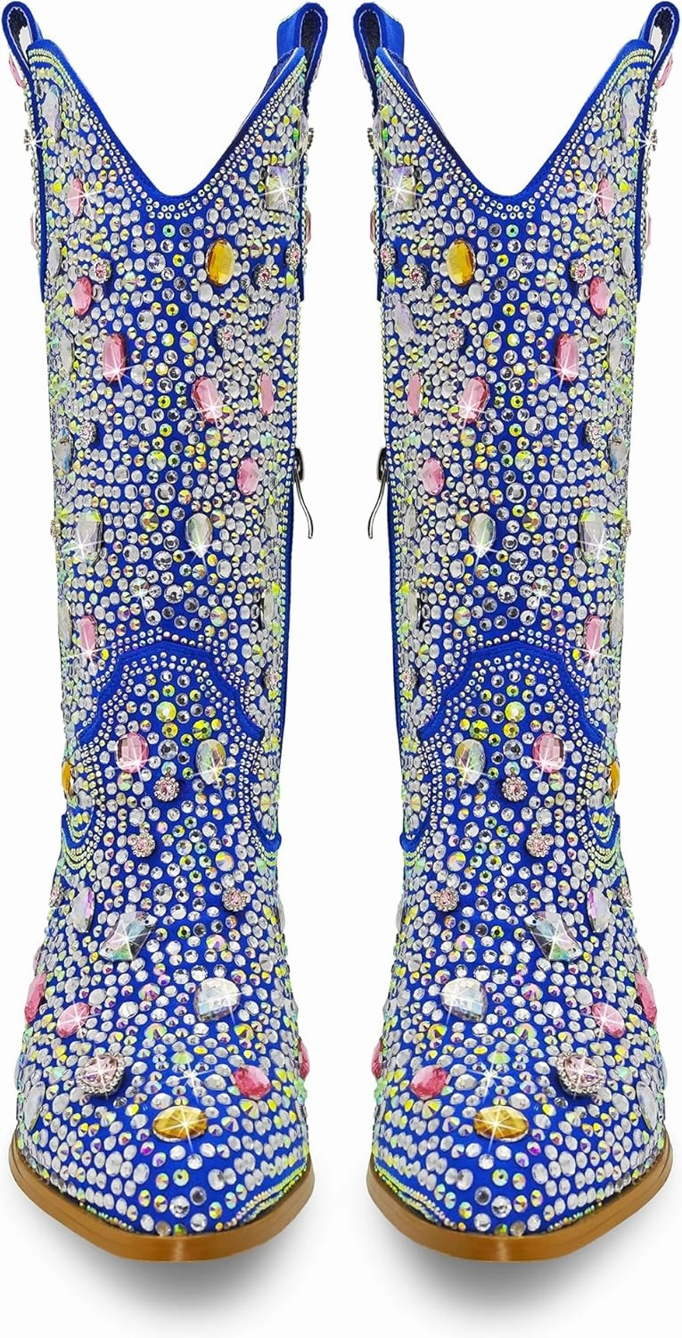 Sparkle Rhinestone Cowboy Boots for Women Mid Calf Western Wide Calf Short Cowgirl Boots Fashion Pointed Toe Glitter Bling Pull on Zipper Chunky Boots Retro Classic Wedding Party