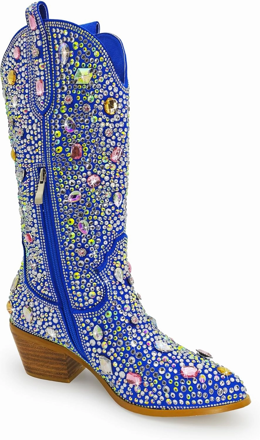 Sparkle Rhinestone Cowboy Boots for Women Mid Calf Western Wide Calf Short Cowgirl Boots Fashion Pointed Toe Glitter Bling Pull on Zipper Chunky Boots Retro Classic Wedding Party
