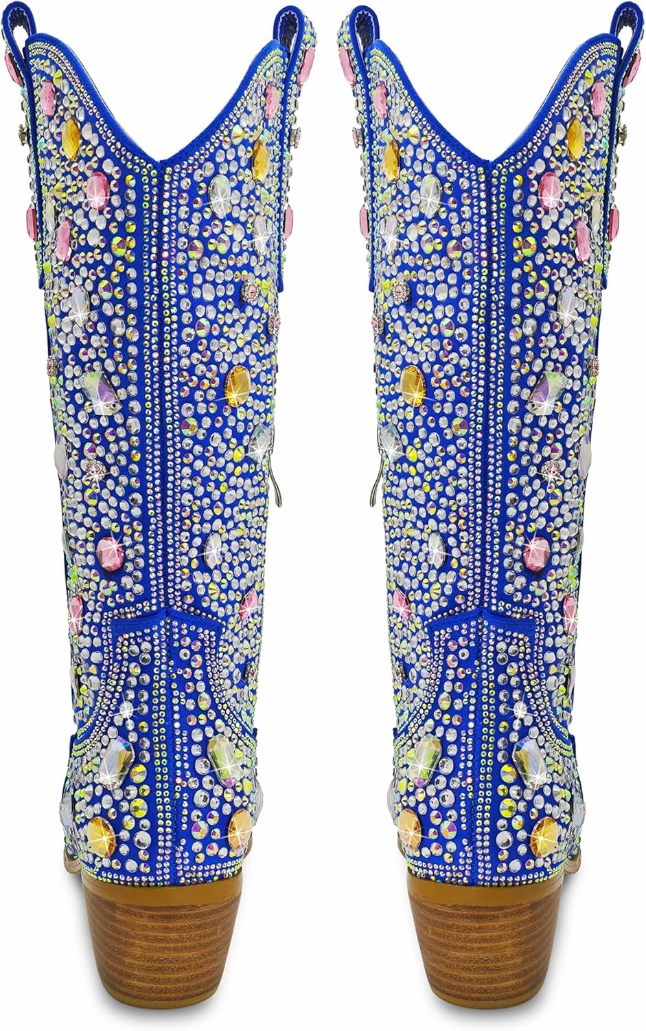 Sparkle Rhinestone Cowboy Boots for Women Mid Calf Western Wide Calf Short Cowgirl Boots Fashion Pointed Toe Glitter Bling Pull on Zipper Chunky Boots Retro Classic Wedding Party