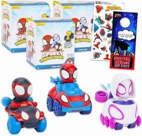 Spidey and Friends Blind Box Set for Kids - Bundle of 3 Spiderman Mystery Vehicles, Stickers, More | Spidey and His Amazing Friends Mini Vehicles Party Favors