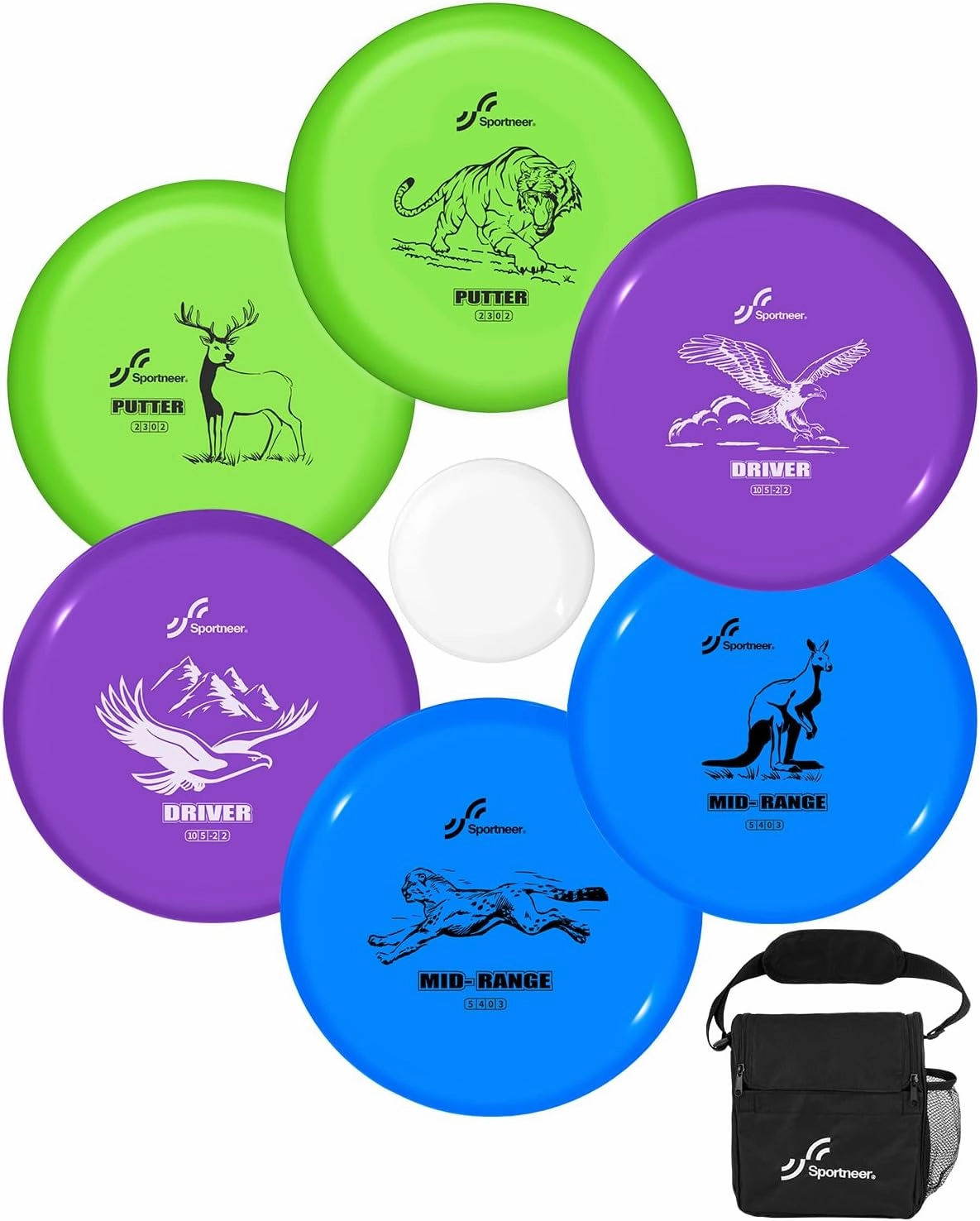 Sportneer Disc Golf Set - Disc Golf Starter Set 6 Pack with Putter, Mid-Range, Driver, Mini Disc Marker Include Portable Bag for Beginner Backyard Outdoor Game