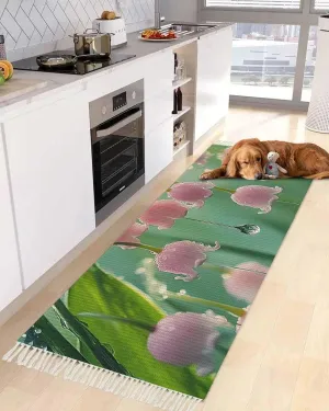 Spring Flowers Kitchen Runner Rug 2x4 Bedside Rug Tassel Cotton Woven Throw Rugs Washable Hallway Runner Rug Lily of The Valley Summer Green Botanical Floor Carpet for Bedroom Bathroom Living Room