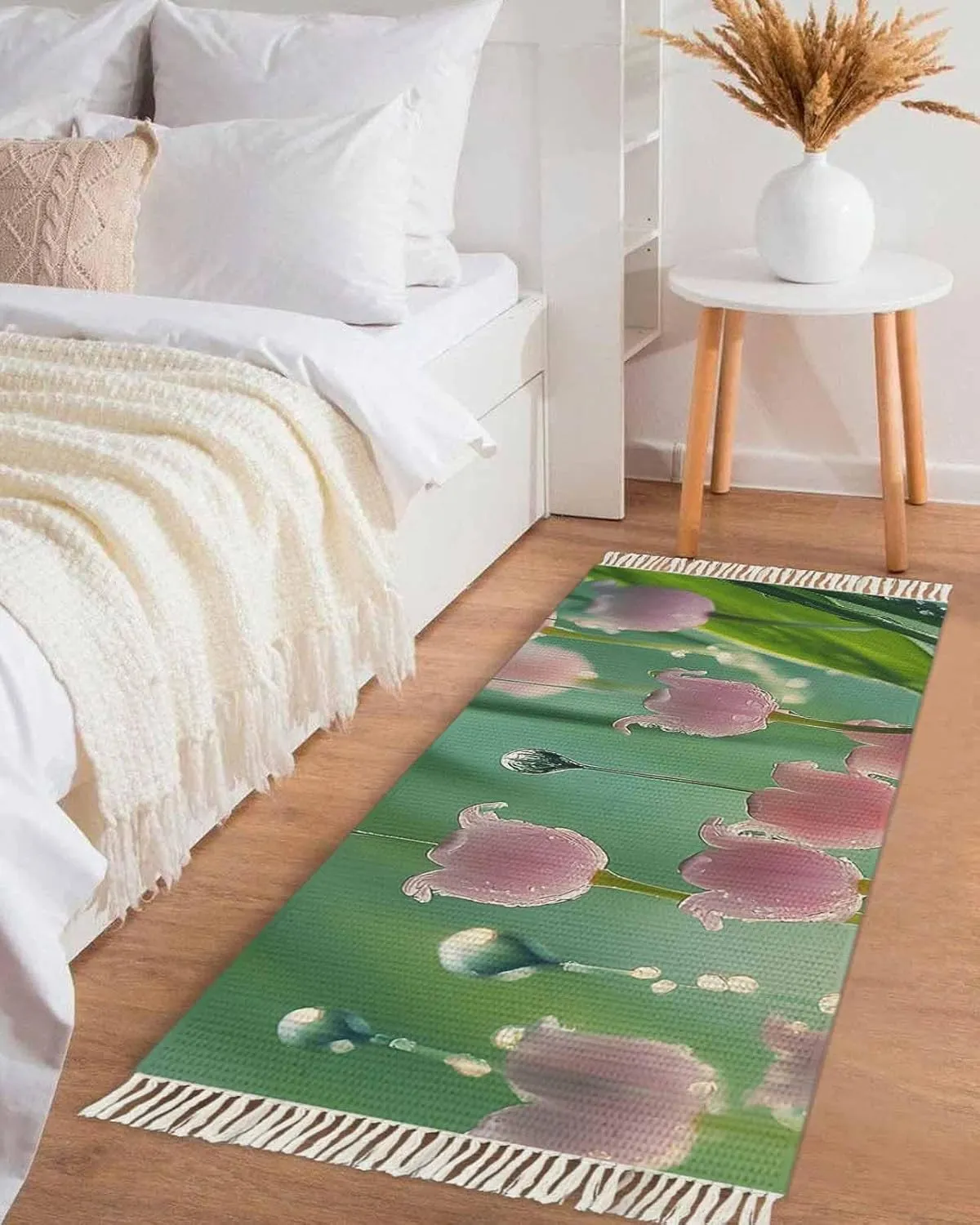 Spring Flowers Kitchen Runner Rug 2x4 Bedside Rug Tassel Cotton Woven Throw Rugs Washable Hallway Runner Rug Lily of The Valley Summer Green Botanical Floor Carpet for Bedroom Bathroom Living Room
