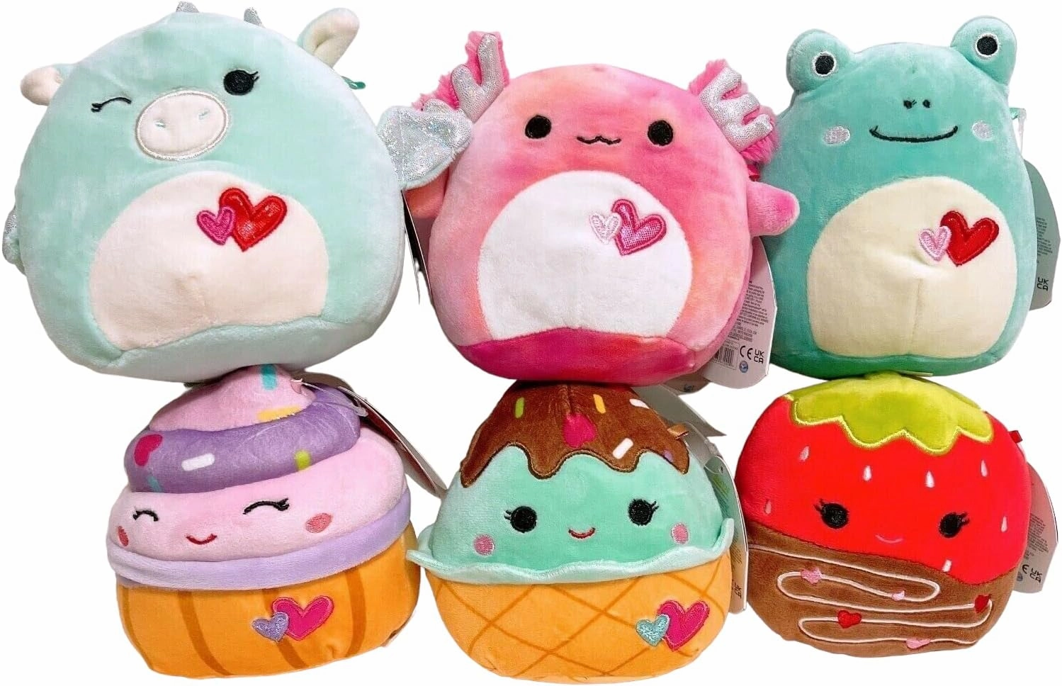 Squishmallows Kellytoy Valentines D Set of 6 Dragon Frog Axolotl 5" Mini Plush Doll Toy