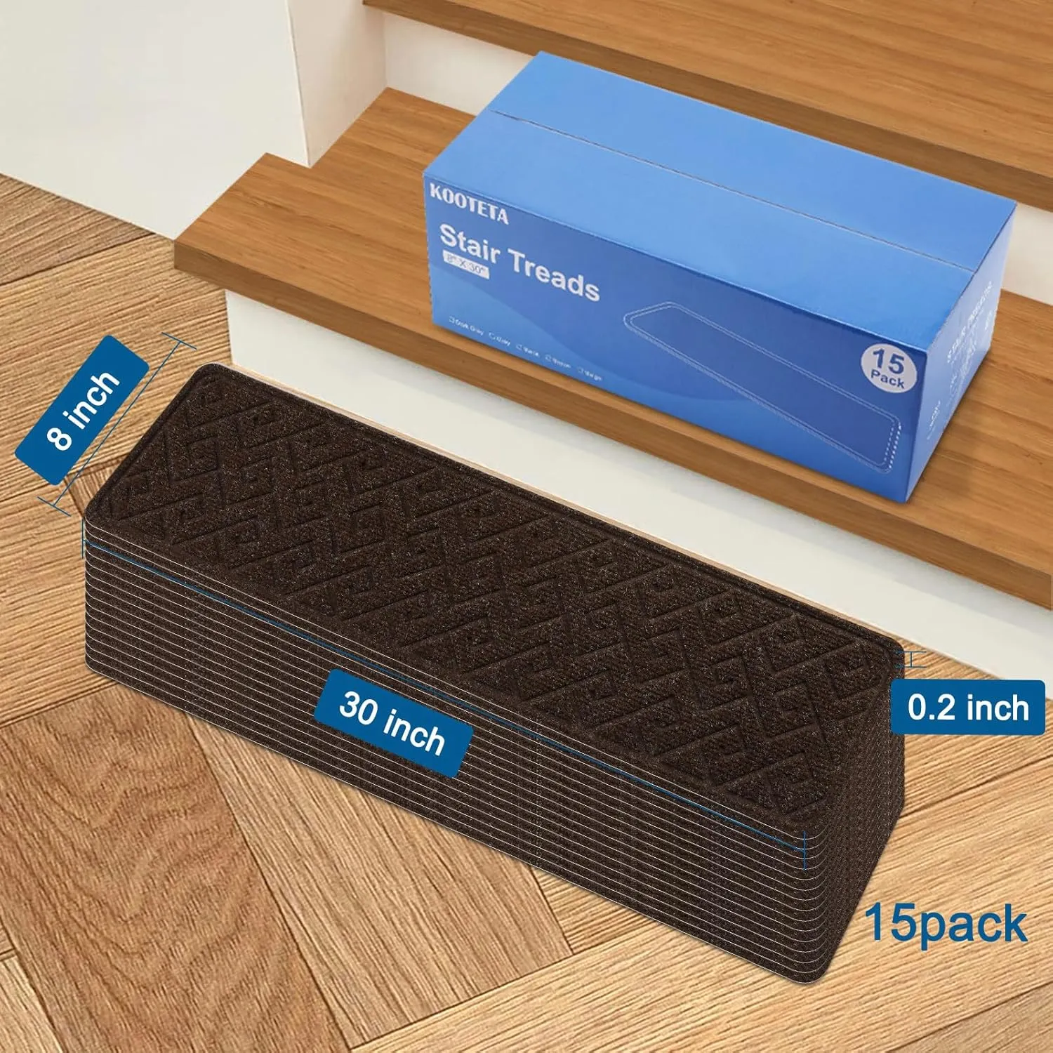Stair Treads for Wooden Steps Indoor, 15 Pack 8" X 30" Non Slip Carpet Stair Treads with Reusable Adhesive for Kids Elders and Dogs, Surface Polyester TPR Backing Stair Rugs