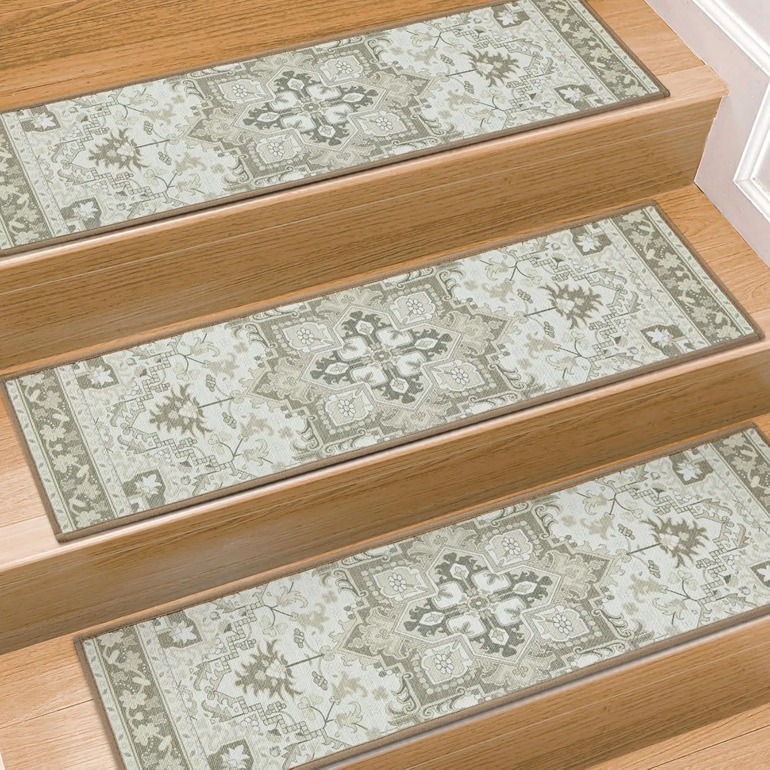 Stair Treads for Wooden Steps Indoor, 15 Pack 8" X 30" Non Slip Carpet Stair Treads with Reusable Adhesive for Kids Elders and Dogs, TPR Backing Stair Rugs Oriental Staircase Step Treads,Bohemia