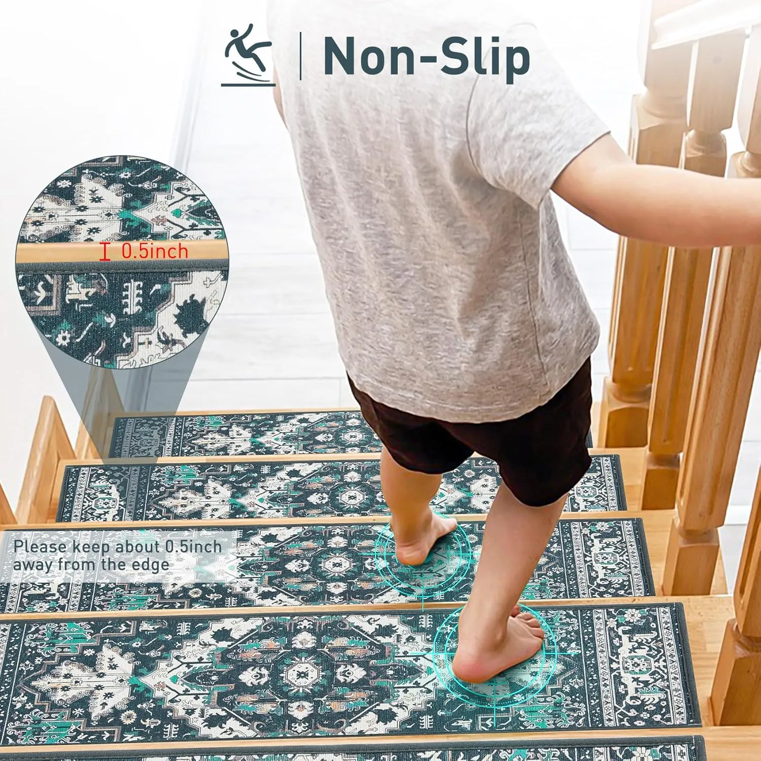 Stair Treads for Wooden Steps Indoor, 15 Pack 8" X 30" Non Slip Carpet Stair Treads with Reusable Adhesive for Kids Elders and Dogs, TPR Backing Stair Rugs Oriental Staircase Step Treads,Bohemia