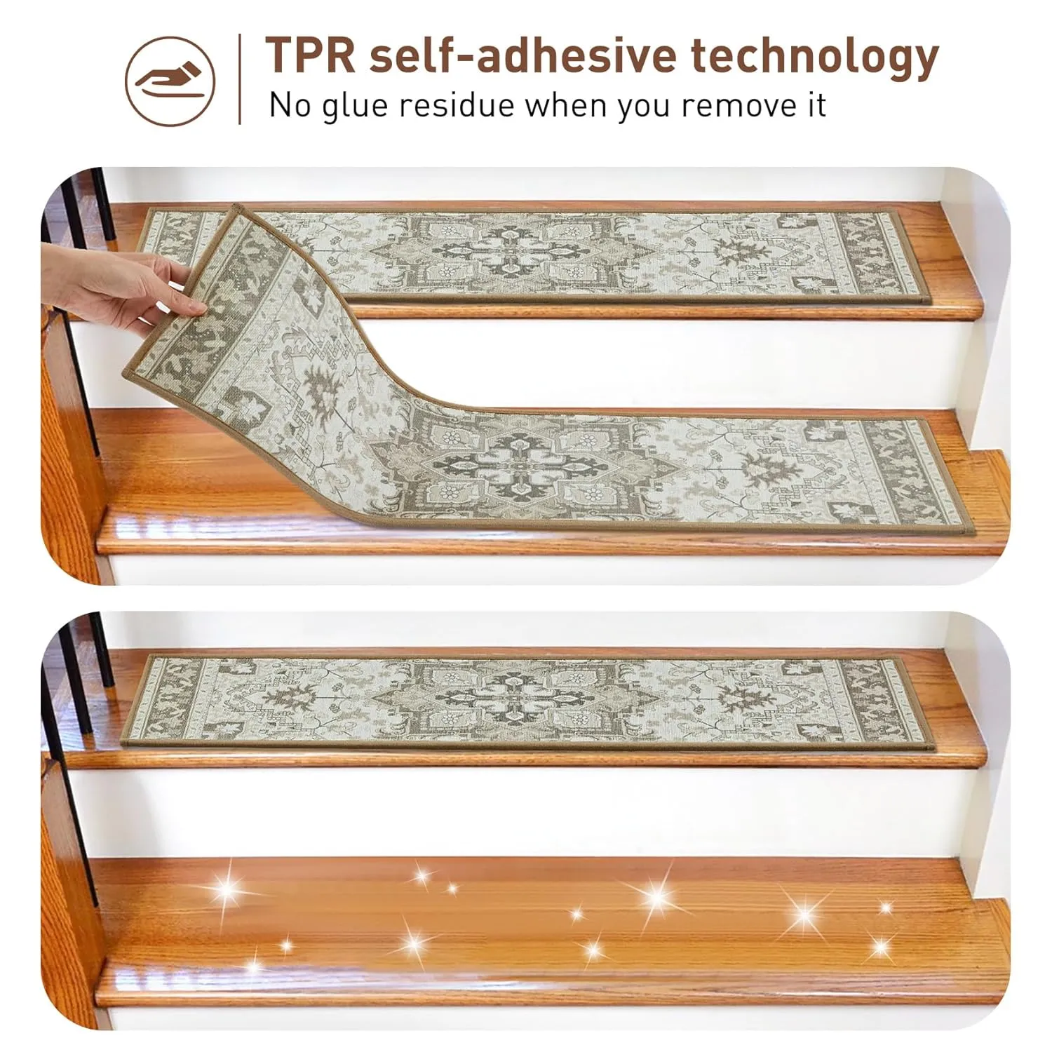Stair Treads for Wooden Steps Indoor, 15 Pack 8" X 30" Non Slip Carpet Stair Treads with Reusable Adhesive for Kids Elders and Dogs, TPR Backing Stair Rugs Oriental Staircase Step Treads,Bohemia