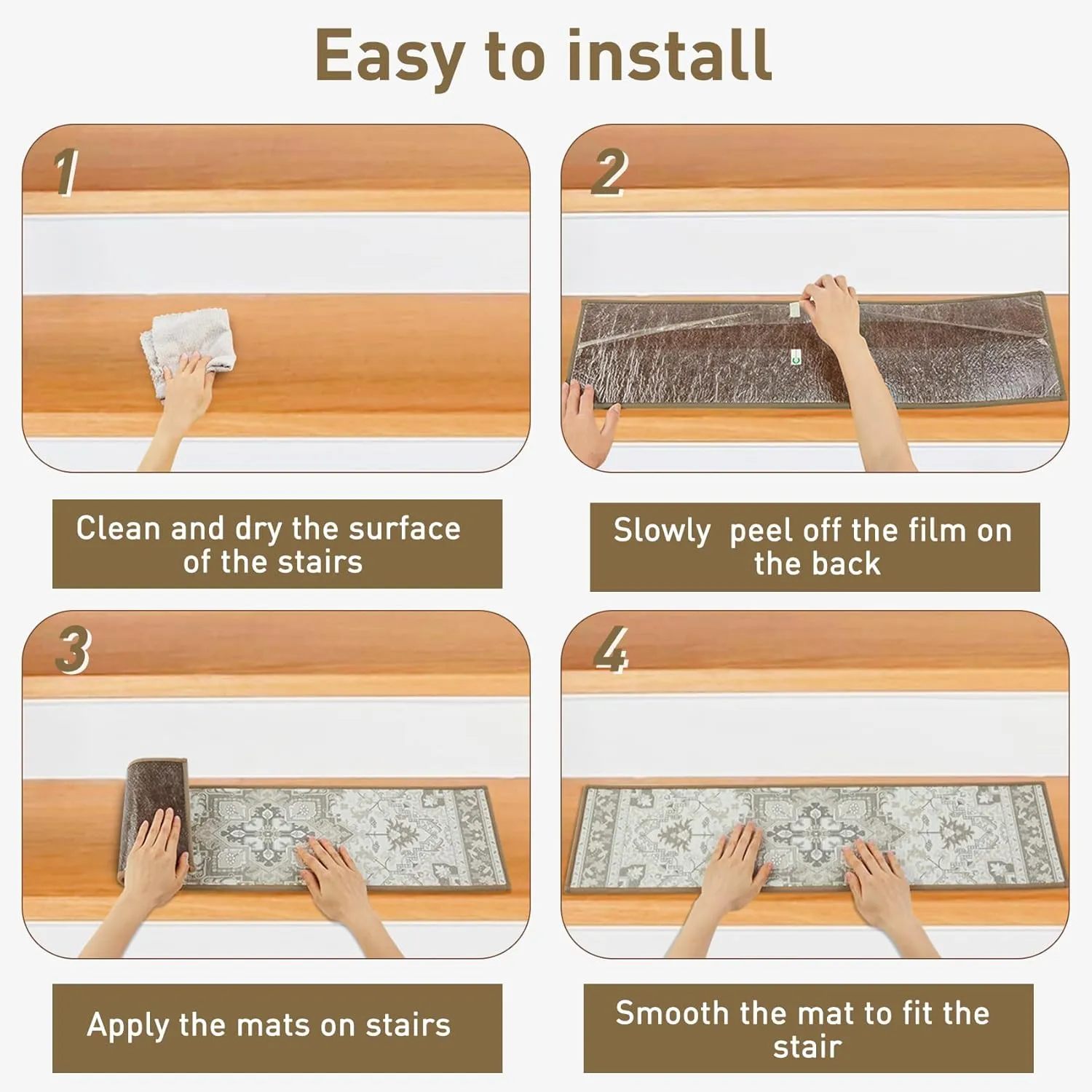 Stair Treads for Wooden Steps Indoor, 15 Pack 8" X 30" Non Slip Carpet Stair Treads with Reusable Adhesive for Kids Elders and Dogs, TPR Backing Stair Rugs Oriental Staircase Step Treads,Bohemia