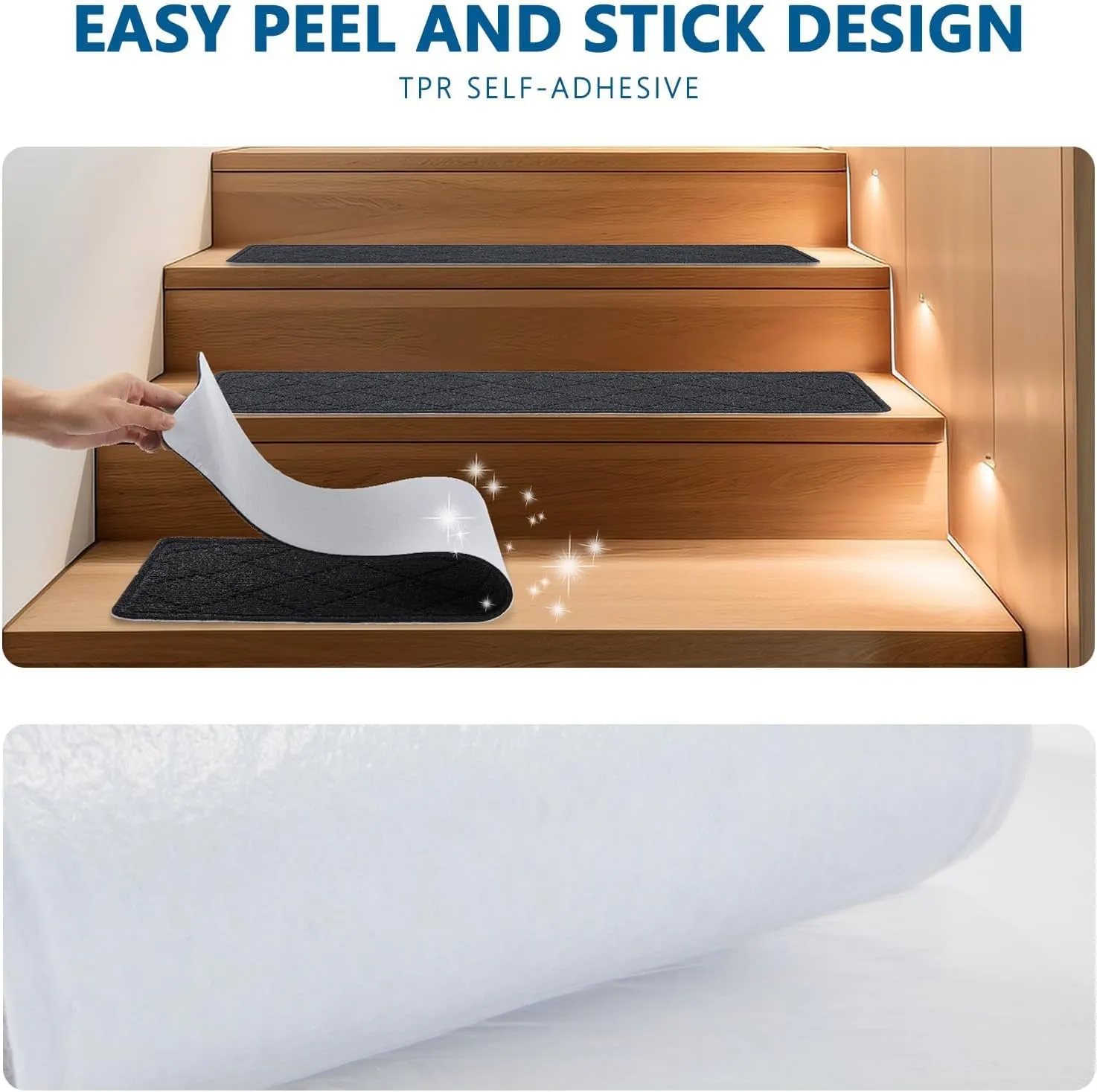 Stair Treads for Wooden Steps Indoor, 7 Pack 8" X 30" Non Slip Carpet Stair Treads with Reusable Adhesive for Kids Elders and Dogs, Surface Polyester TPR Backing Stair Rugs,Black