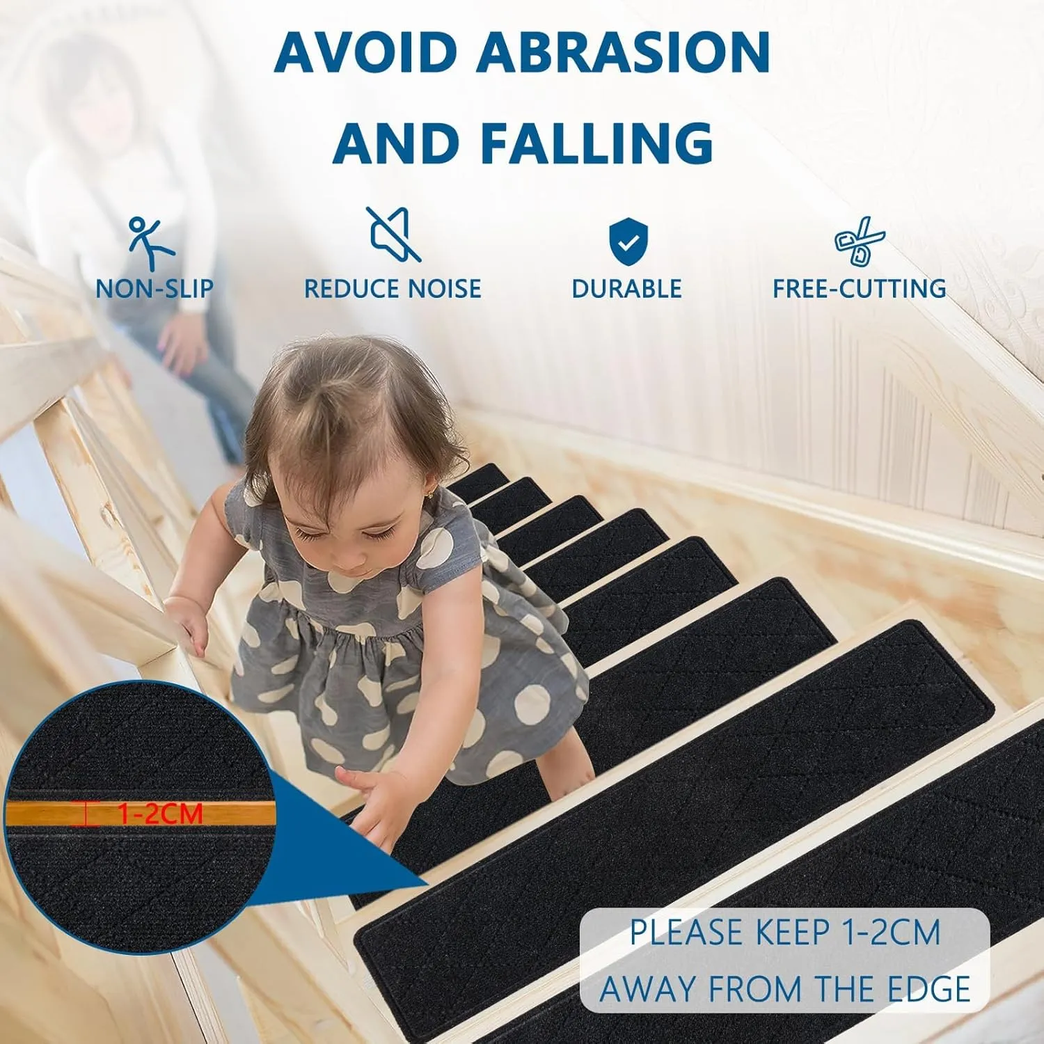 Stair Treads for Wooden Steps Indoor, 7 Pack 8" X 30" Non Slip Carpet Stair Treads with Reusable Adhesive for Kids Elders and Dogs, Surface Polyester TPR Backing Stair Rugs,Black