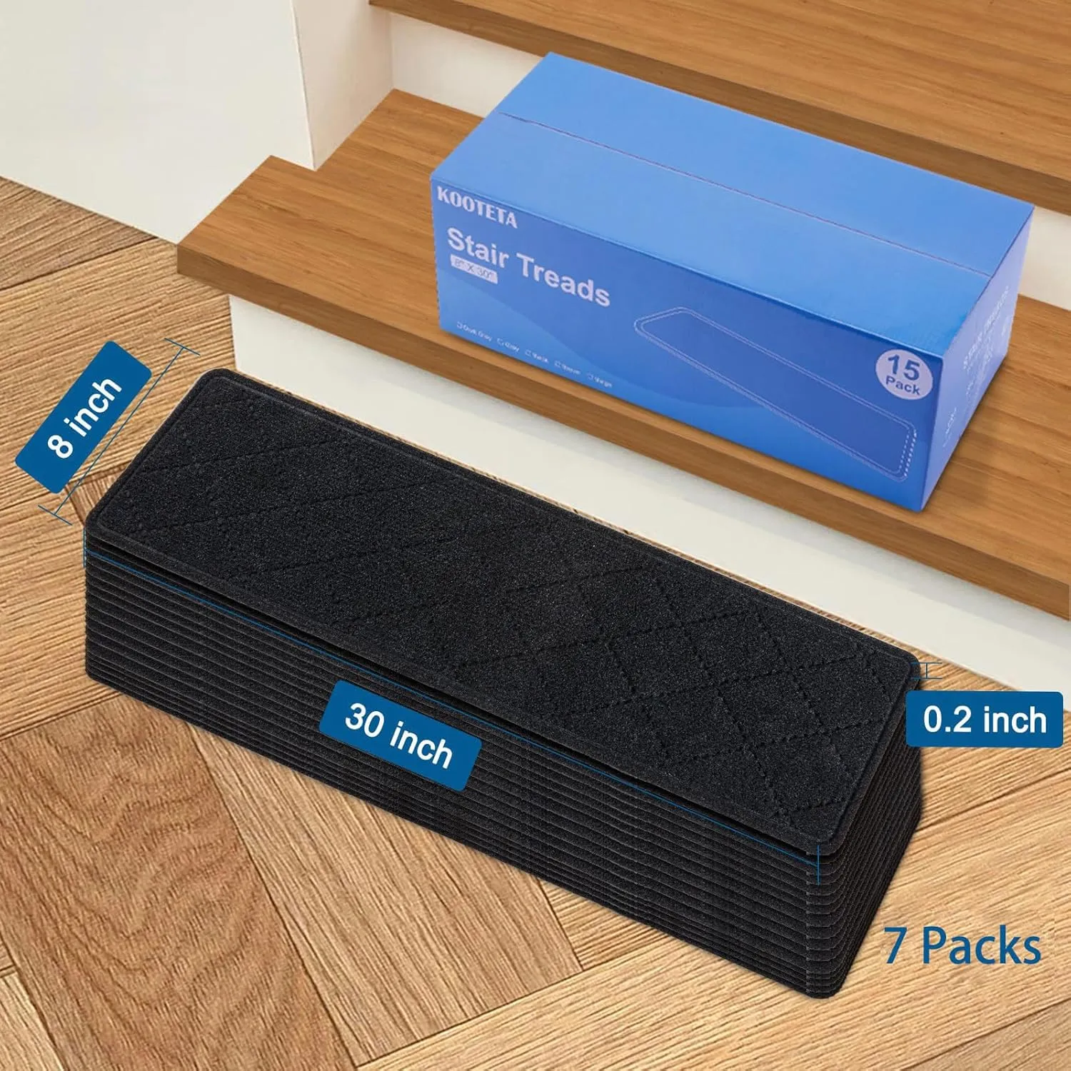 Stair Treads for Wooden Steps Indoor, 7 Pack 8" X 30" Non Slip Carpet Stair Treads with Reusable Adhesive for Kids Elders and Dogs, Surface Polyester TPR Backing Stair Rugs,Black