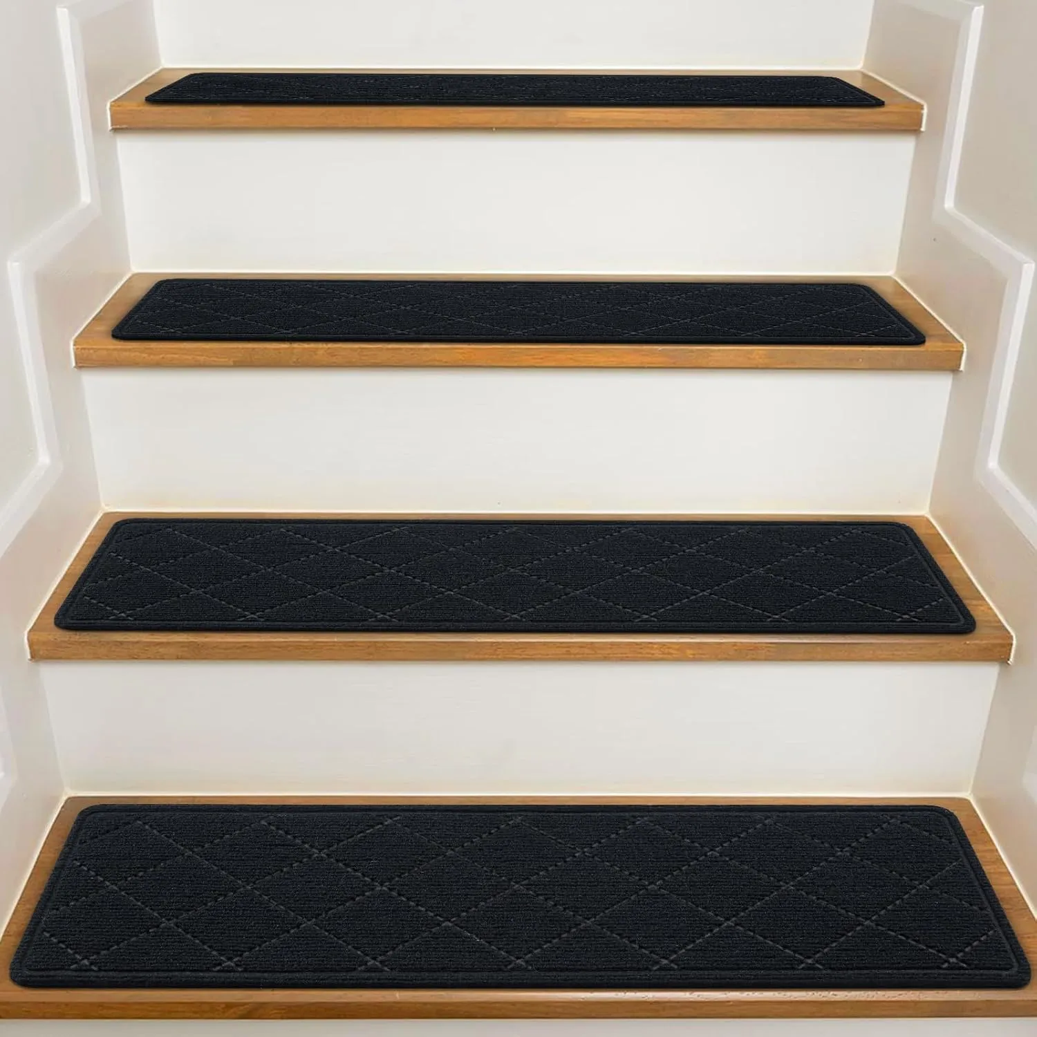 Stair Treads for Wooden Steps Indoor, 7 Pack 8" X 30" Non Slip Carpet Stair Treads with Reusable Adhesive for Kids Elders and Dogs, Surface Polyester TPR Backing Stair Rugs,Black