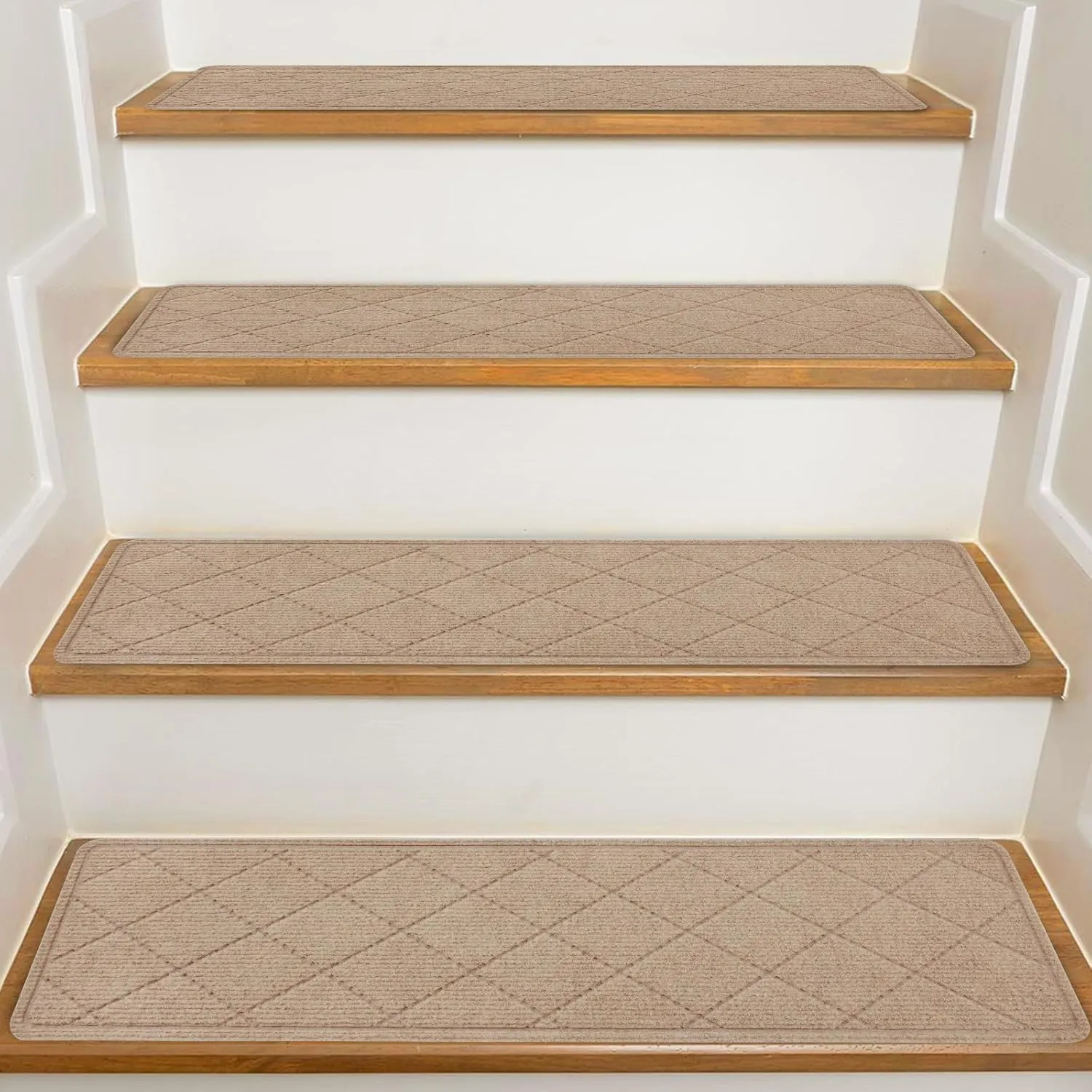 Stair Treads for Wooden Steps Indoor, 8" X 30" Non Slip Carpet Stair Treads with Reusable Adhesive for Kids Elders and Dogs, Surface Polyester TPR Backing Stair Rugs, 4 Pack Beige