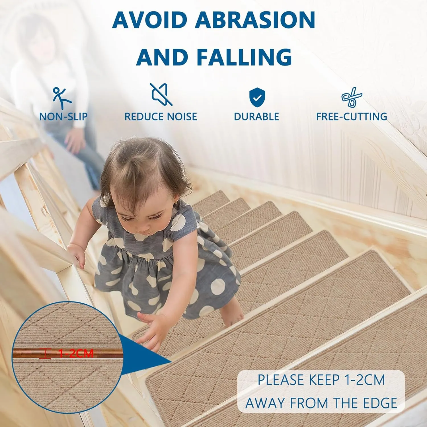 Stair Treads for Wooden Steps Indoor, 8" X 30" Non Slip Carpet Stair Treads with Reusable Adhesive for Kids Elders and Dogs, Surface Polyester TPR Backing Stair Rugs, 4 Pack Beige
