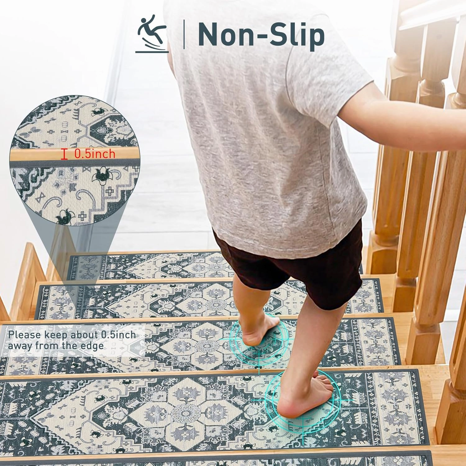 Stair Treads for Wooden Steps Indoor, 15 Pack 8" X 30" Non Slip Carpet Stair Treads with Reusable Adhesive for Kids Elders and Dogs, TPR Backing Stair Rugs Oriental Staircase Step Treads,Bohemia