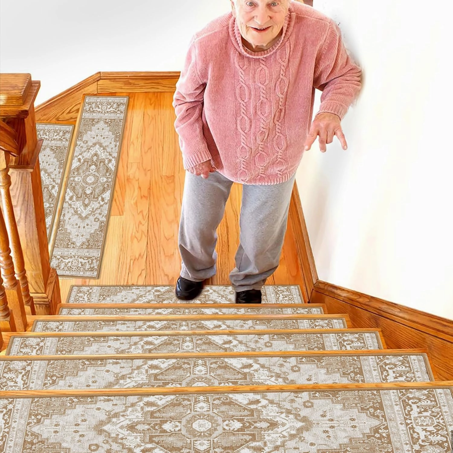 Stair Treads for Wooden Steps Indoor, 15 Pack 8" X 30" Non Slip Carpet Stair Treads with Reusable Adhesive for Kids Elders and Dogs, TPR Backing Stair Rugs Oriental Staircase Step Treads,Bohemia