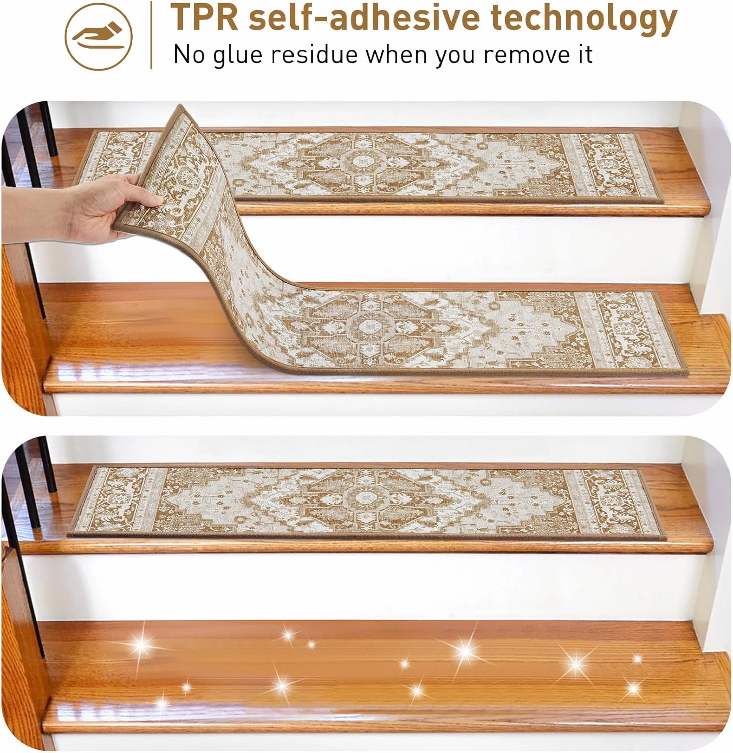 Stair Treads for Wooden Steps Indoor, 15 Pack 8" X 30" Non Slip Carpet Stair Treads with Reusable Adhesive for Kids Elders and Dogs, TPR Backing Stair Rugs Oriental Staircase Step Treads,Bohemia