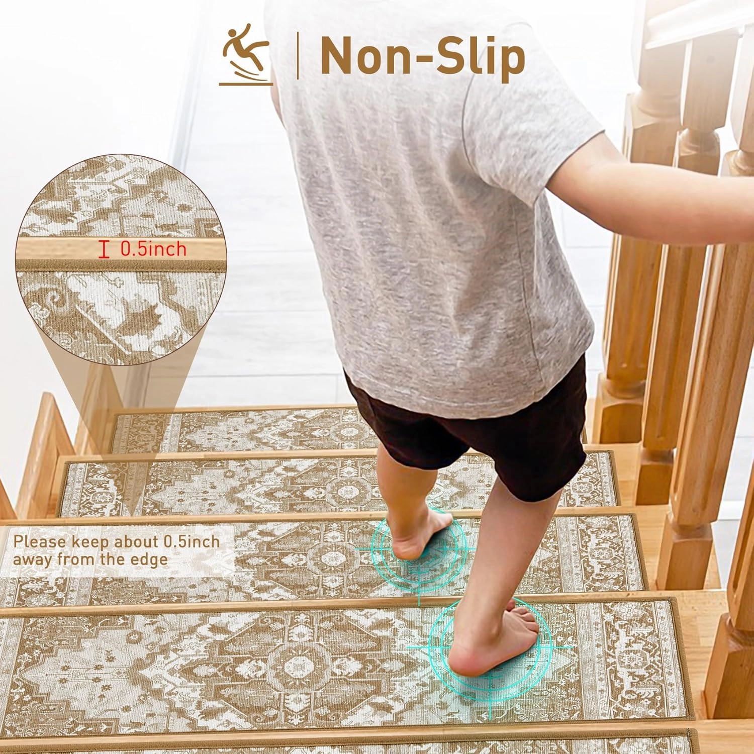 Stair Treads for Wooden Steps Indoor, 15 Pack 8" X 30" Non Slip Carpet Stair Treads with Reusable Adhesive for Kids Elders and Dogs, TPR Backing Stair Rugs Oriental Staircase Step Treads,Bohemia