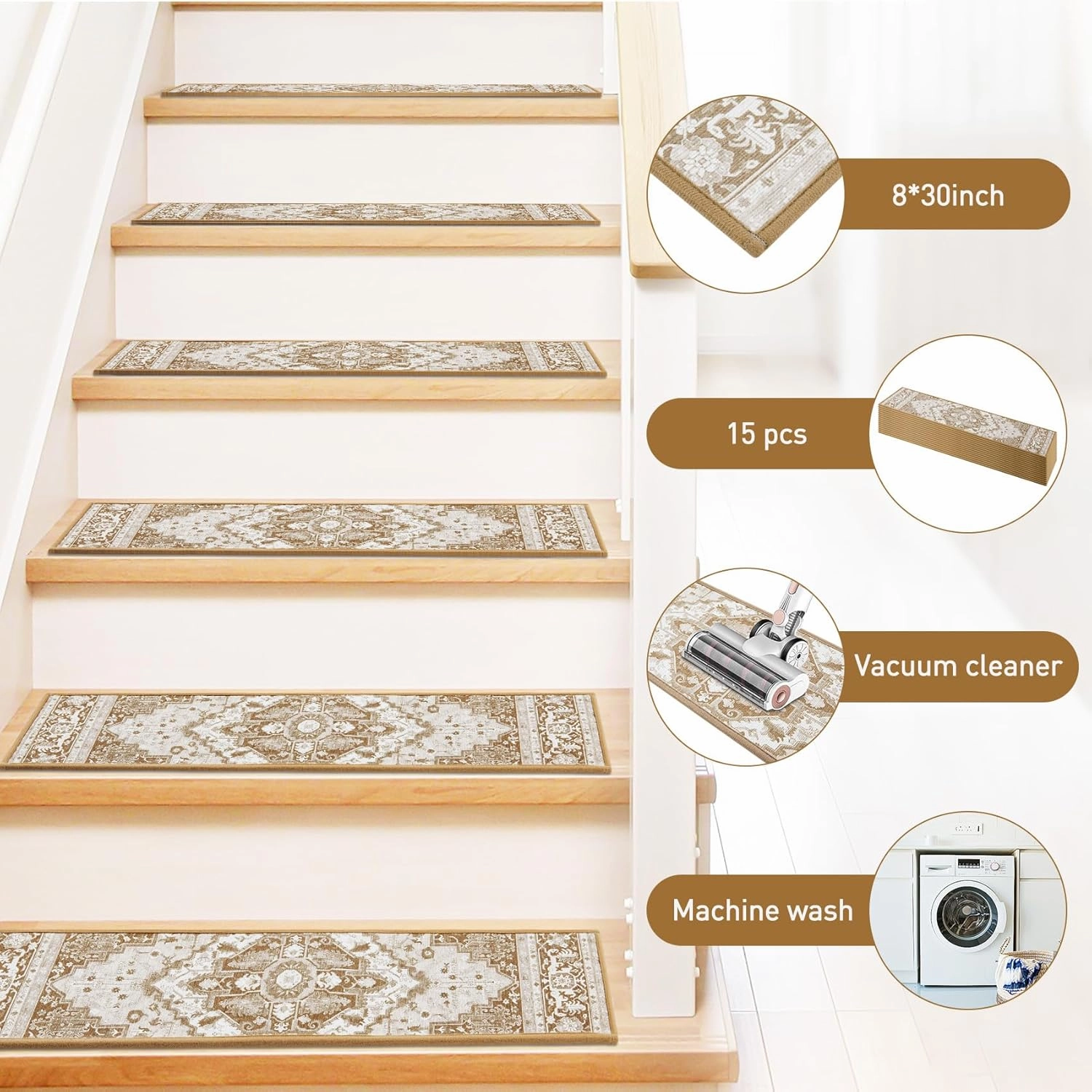 Stair Treads for Wooden Steps Indoor, 15 Pack 8" X 30" Non Slip Carpet Stair Treads with Reusable Adhesive for Kids Elders and Dogs, TPR Backing Stair Rugs Oriental Staircase Step Treads,Bohemia