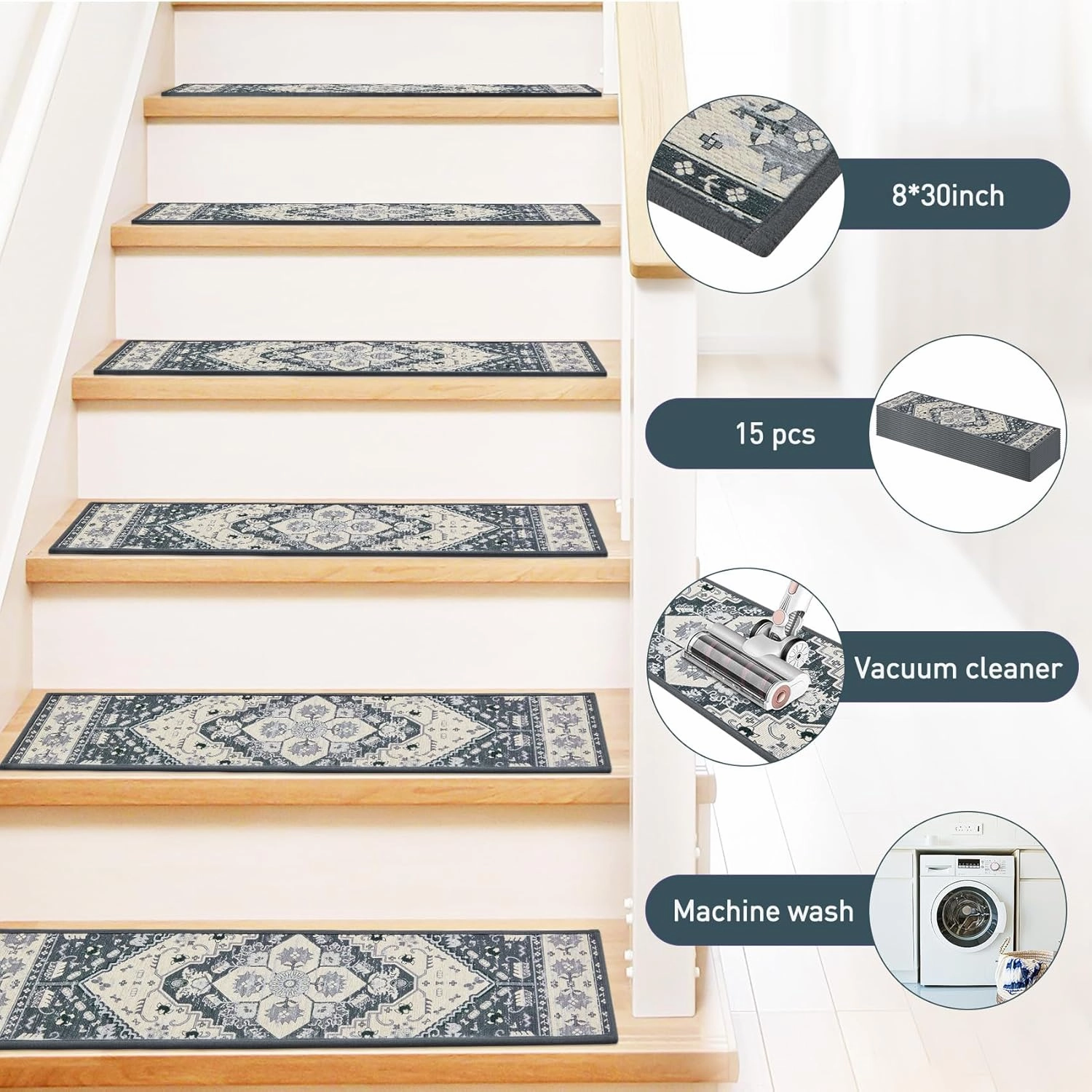 Stair Treads for Wooden Steps Indoor, 15 Pack 8" X 30" Non Slip Carpet Stair Treads with Reusable Adhesive for Kids Elders and Dogs, TPR Backing Stair Rugs Oriental Staircase Step Treads,Bohemia