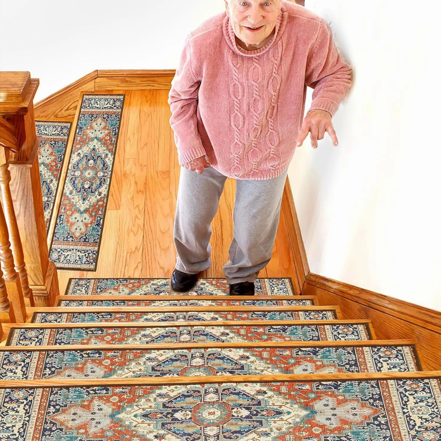 Stair Treads for Wooden Steps Indoor, 15 Pack 8" X 30" Non Slip Carpet Stair Treads with Reusable Adhesive for Kids Elders and Dogs, TPR Backing Stair Rugs Oriental Staircase Step Treads,Bohemia