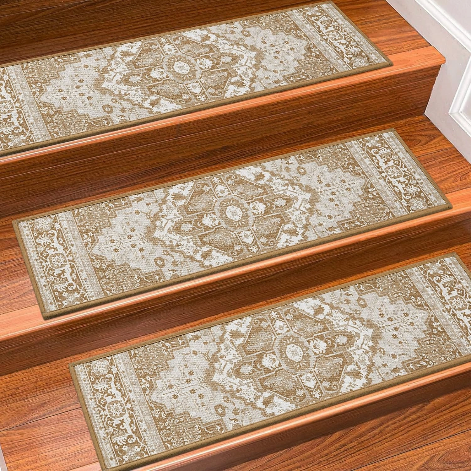 Stair Treads for Wooden Steps Indoor, 15 Pack 8" X 30" Non Slip Carpet Stair Treads with Reusable Adhesive for Kids Elders and Dogs, TPR Backing Stair Rugs Oriental Staircase Step Treads,Bohemia