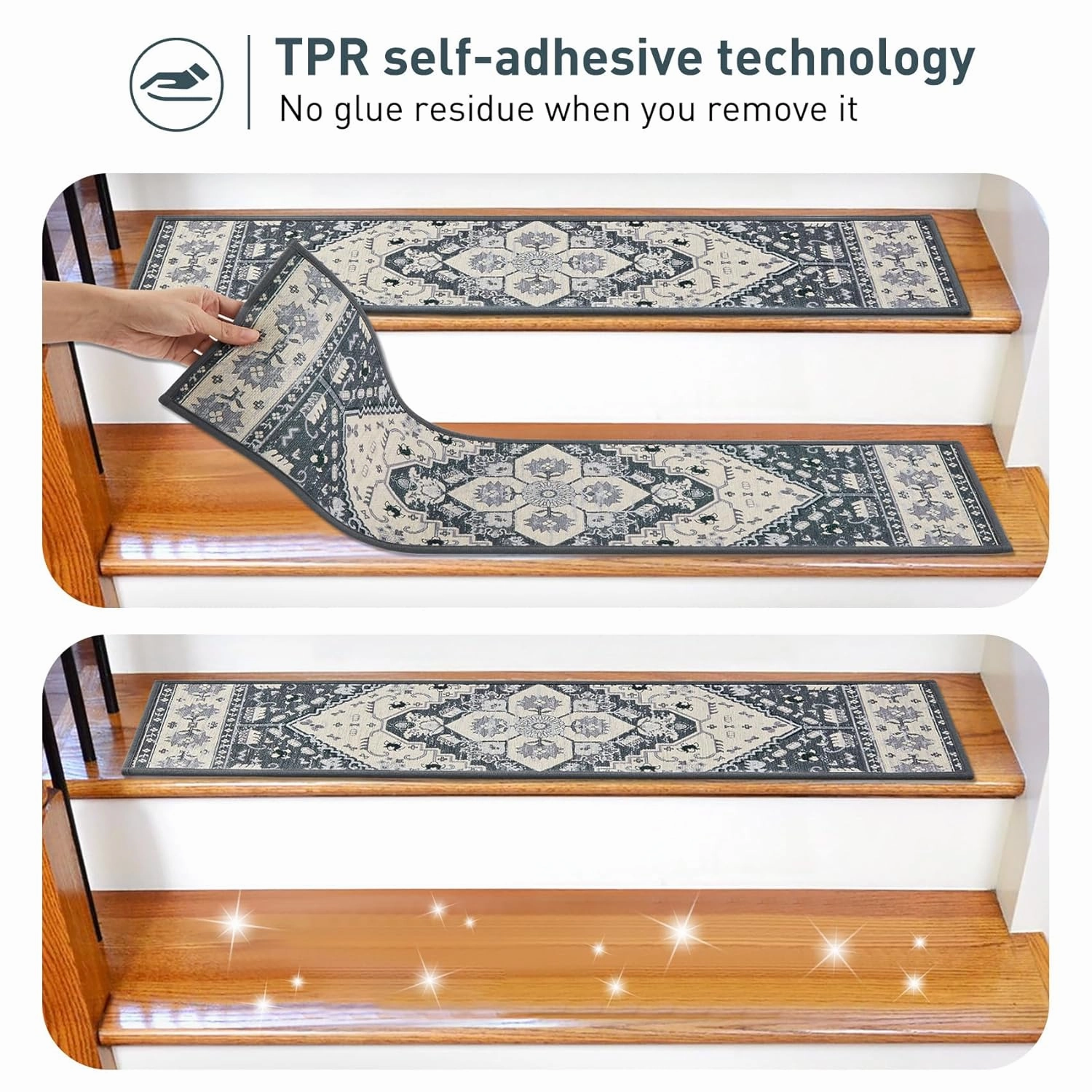 Stair Treads for Wooden Steps Indoor, 15 Pack 8" X 30" Non Slip Carpet Stair Treads with Reusable Adhesive for Kids Elders and Dogs, TPR Backing Stair Rugs Oriental Staircase Step Treads,Bohemia