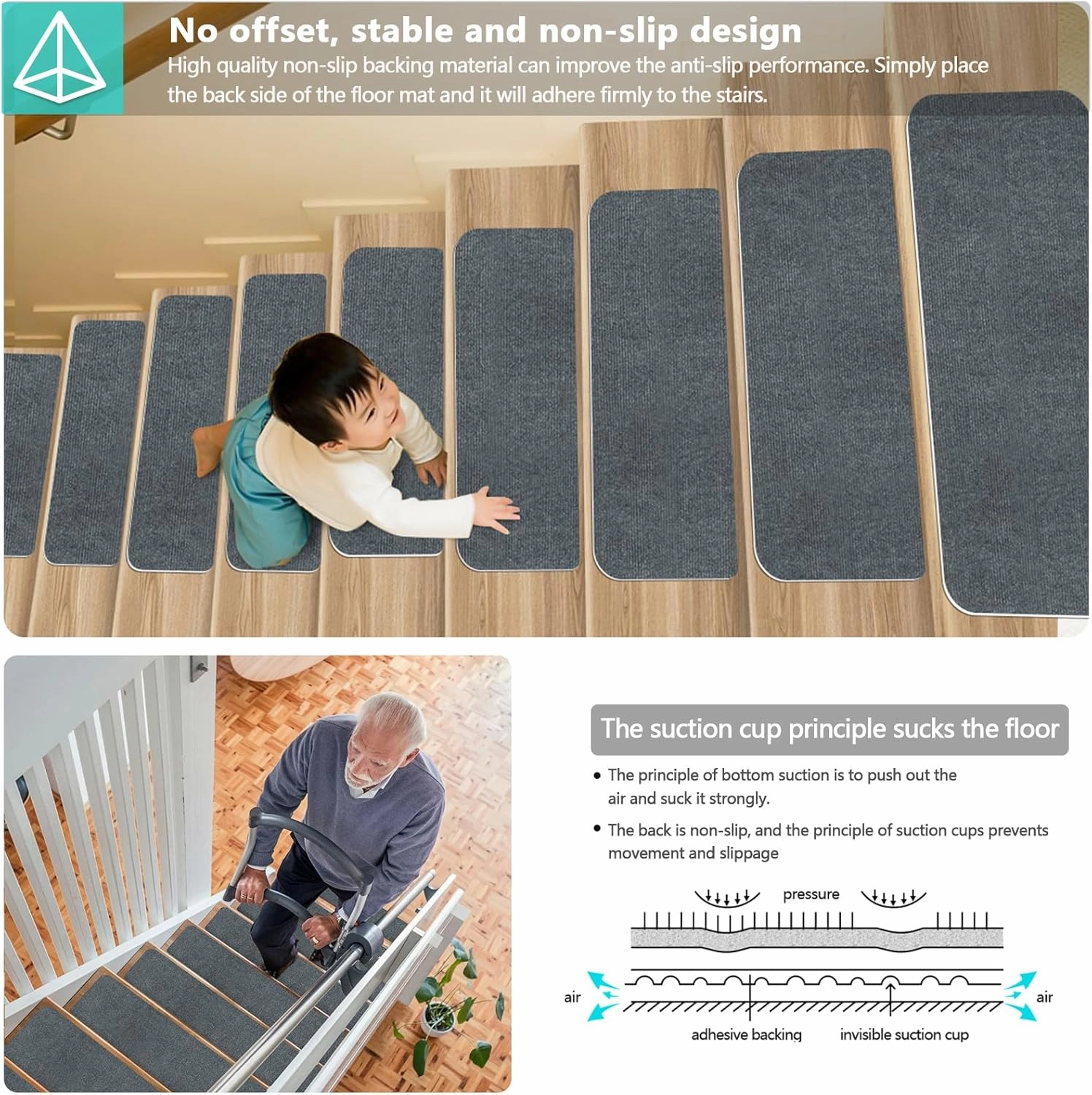Stair Treads for Wooden Steps Indoor Stair Treads Rugs Anti Slip Carpet for Stairs Runner Non Slip Carpet Mat Rugs Spiral Staircase kit for Elder and Kids