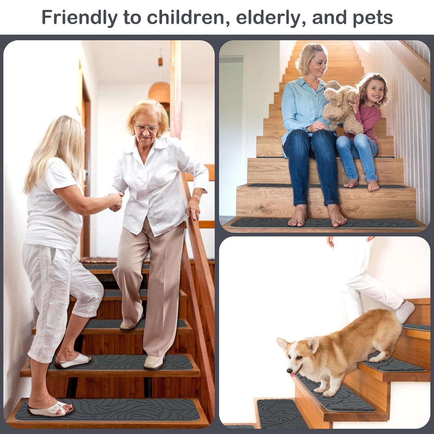 Stair Treads Non Slip for Wooden Steps, 8" X 30" (15-Pack) Stair Runner Carpet Treads Indoor with Reusable Adhesive, Stairslide Carpets Rugs Safety Mats for Elders, Kids & Dogs, Grey